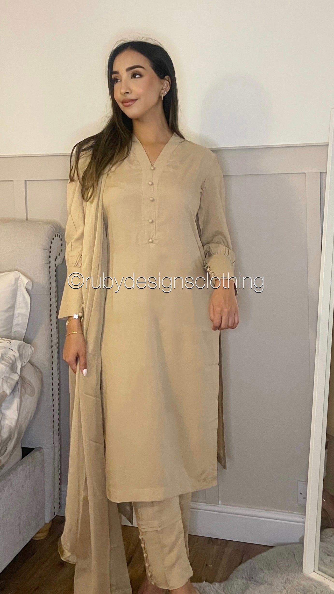 HANA Beige - 3 Piece Linen Suit with CHIFFON Dupatta (7454318592213)