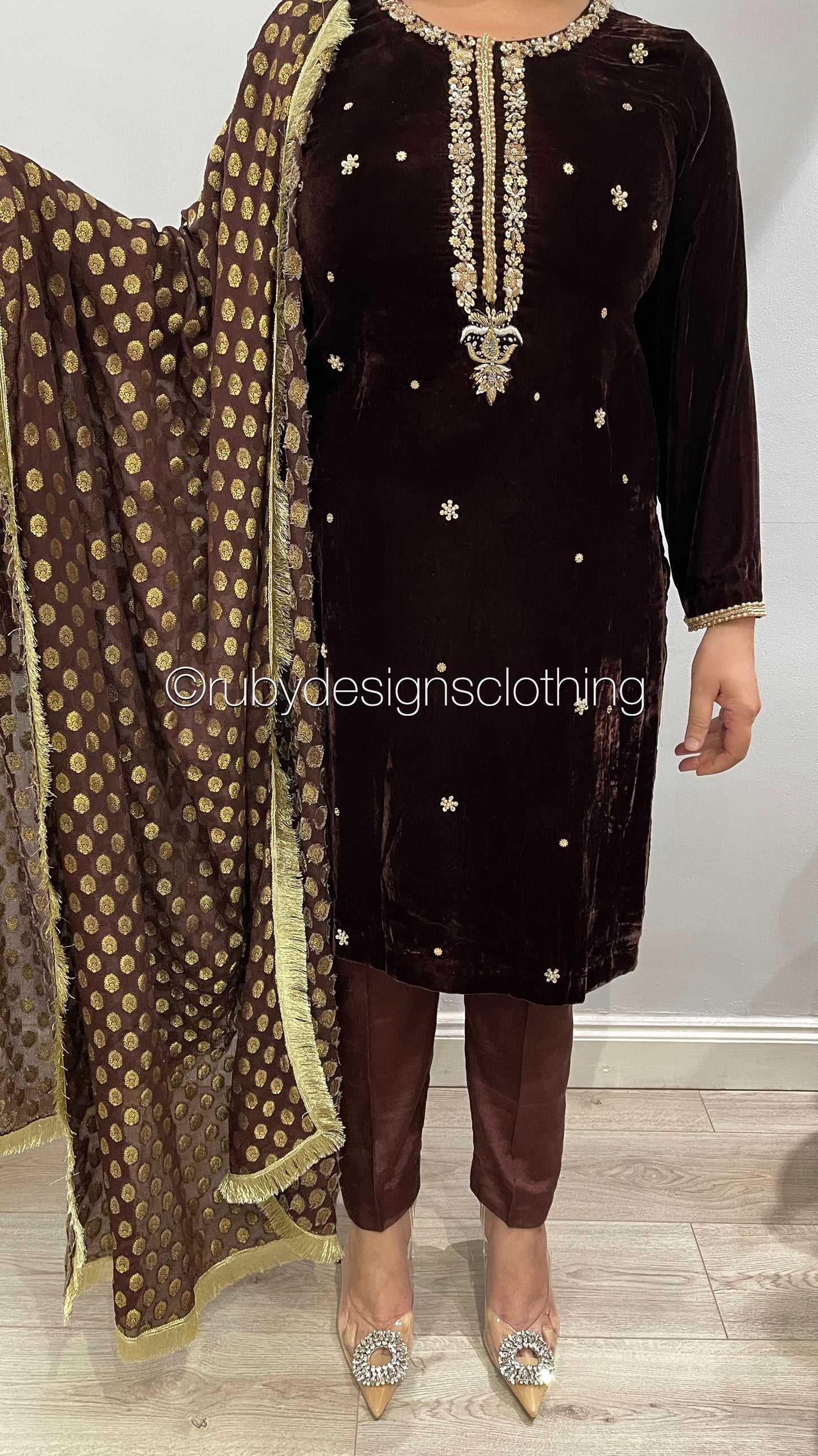 RAIYA - 3 Piece Brown Velvet Suit with Jamawar Chiffon Dupatta (7954033672405)