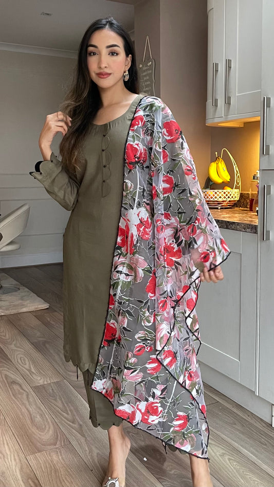 ALISHBA - 3 Piece Khaki Marina Suit with Floral Print Organza Dupatta (7540892795093)