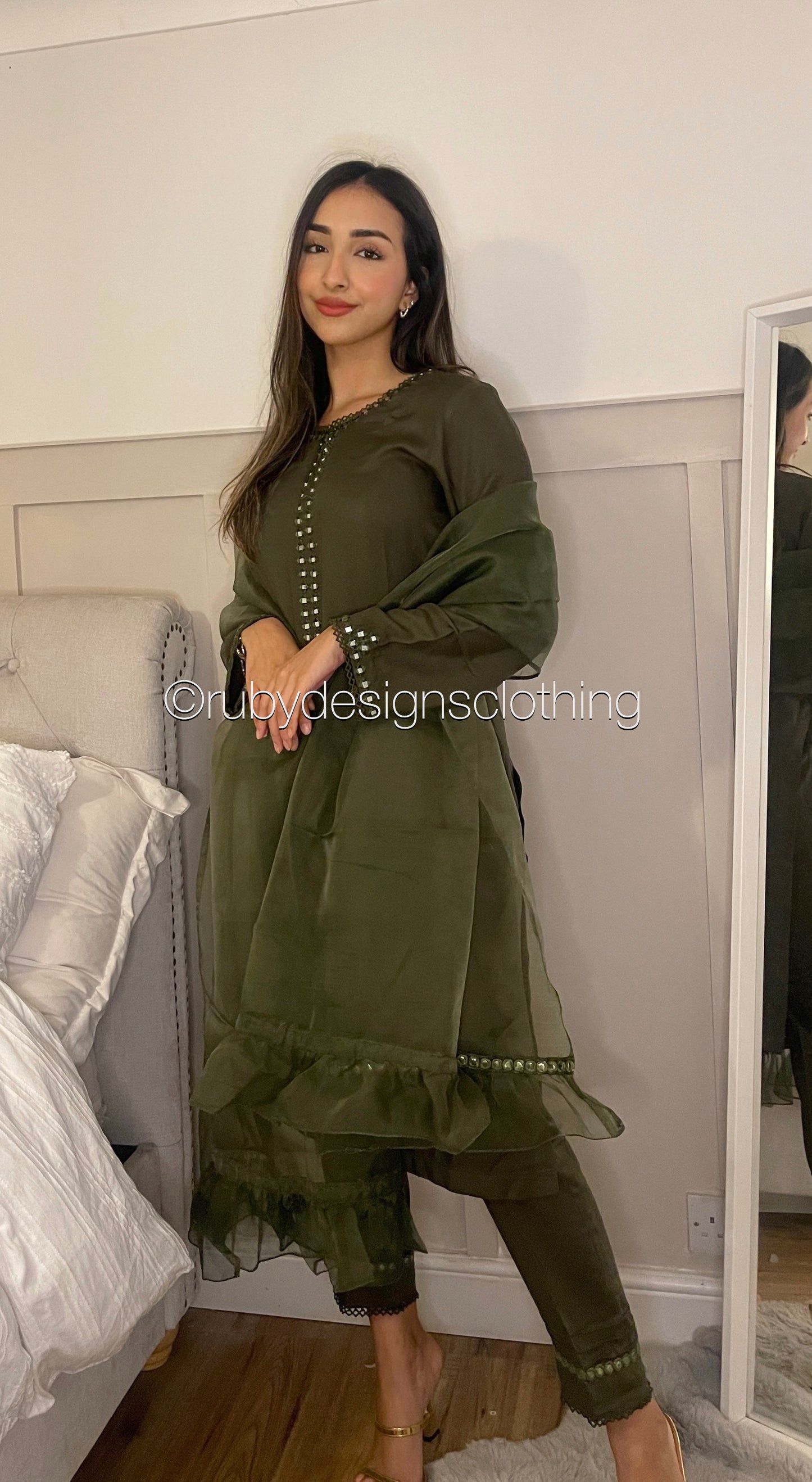 HENNA - 3 Piece Khaki Marina Suit with Mirror Work