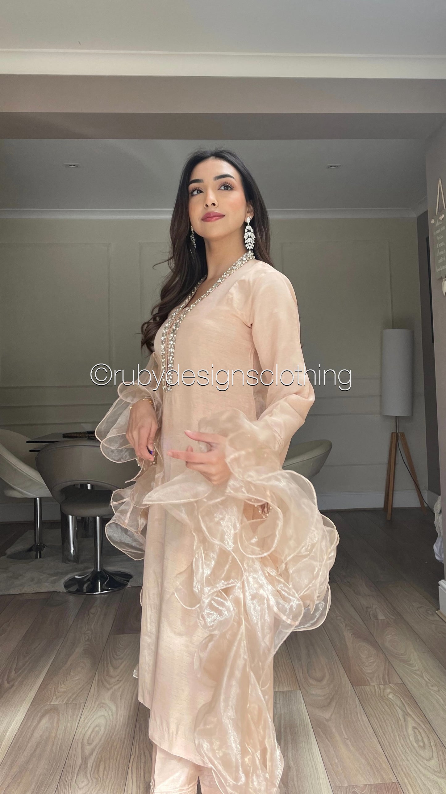 FARYAL - 3 Piece Peach Korean Raw Silk Suit with Ruffle Dupatta (8020413546709)
