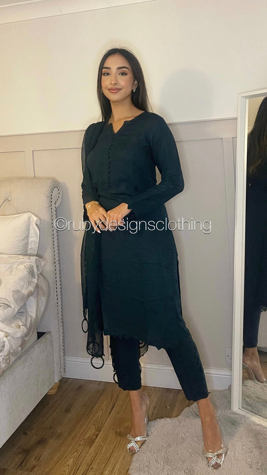 MARWA - 3 Piece Forest Green Linen Suit with Chiffon Dupatta (7903129731285)