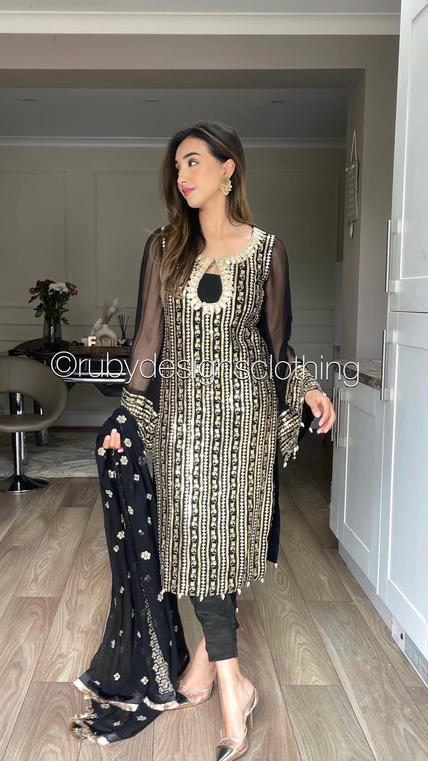 MAHAM - Black and Gold Luxury 3 Piece Chikankari Chiffon Trouser Suit with Pure Chiffon Dupatta (7753693987029)
