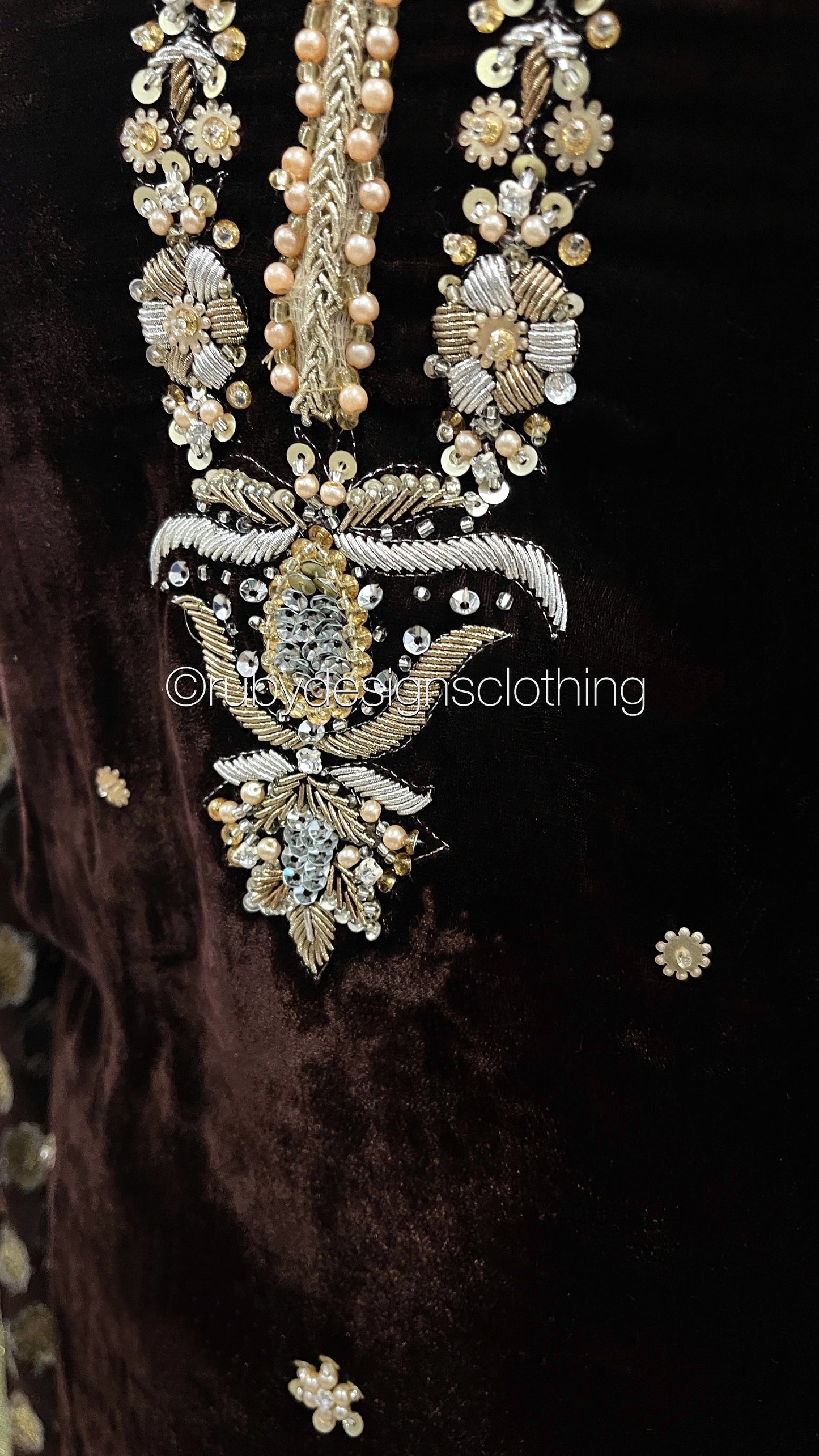 RAIYA - 3 Piece Brown Velvet Suit with Jamawar Chiffon Dupatta (7954033672405)