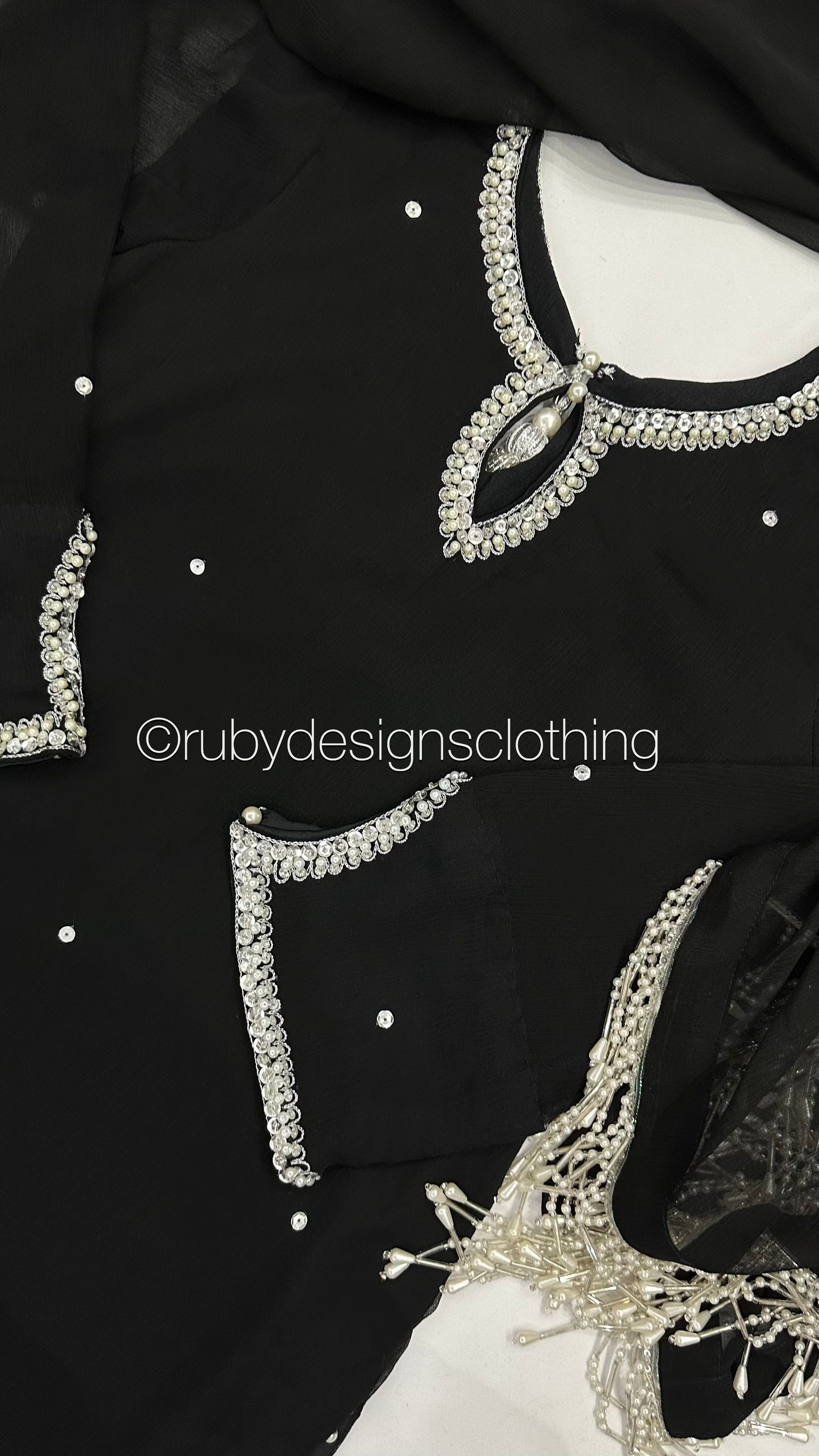 HAYA Black - 3 Piece Chiffon Suit with Hand Embellished Neckline (8026562298069)