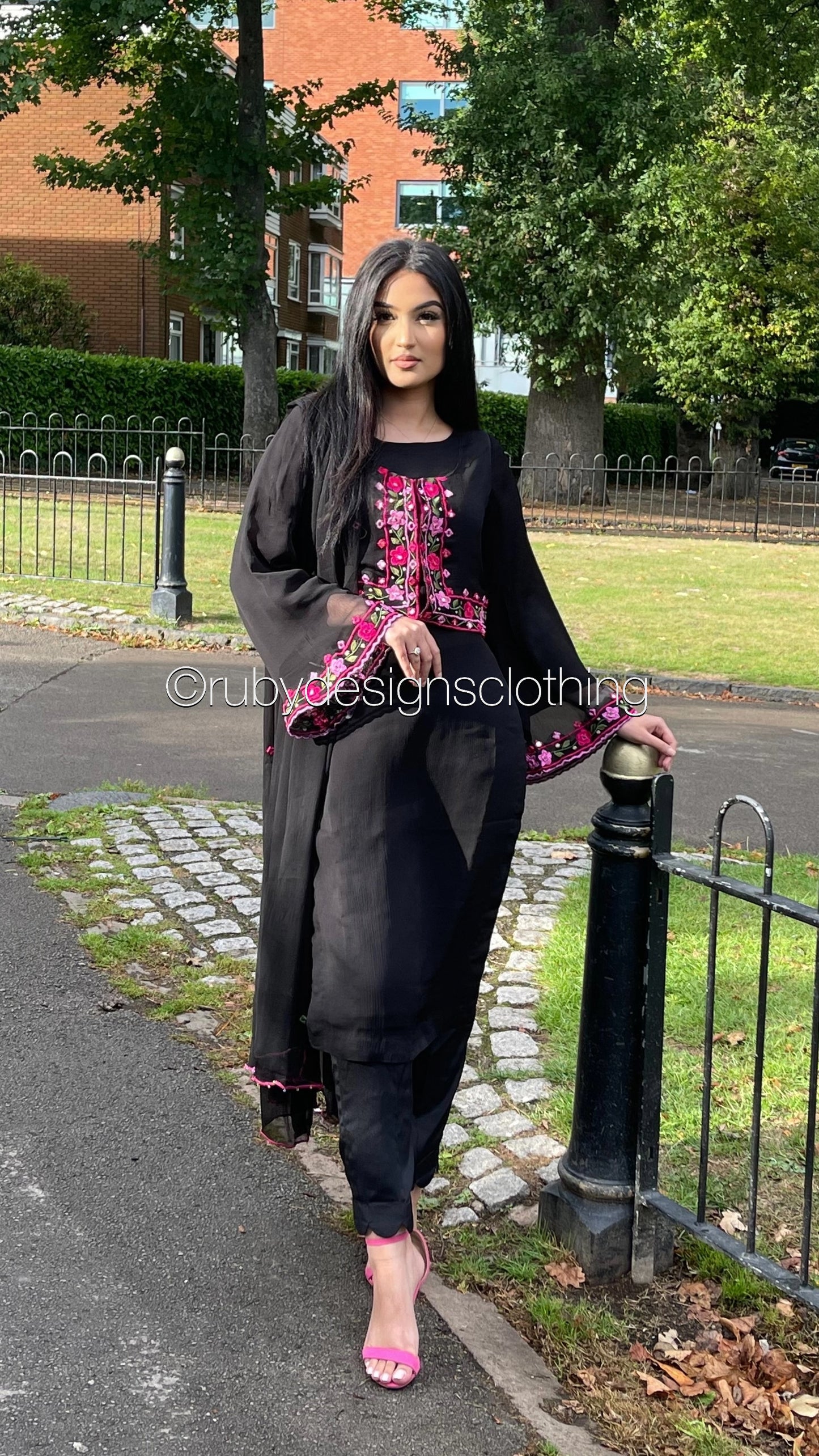 HAREEM - 4 Piece Black Chiffon Suit with Embroidered Waistcoat