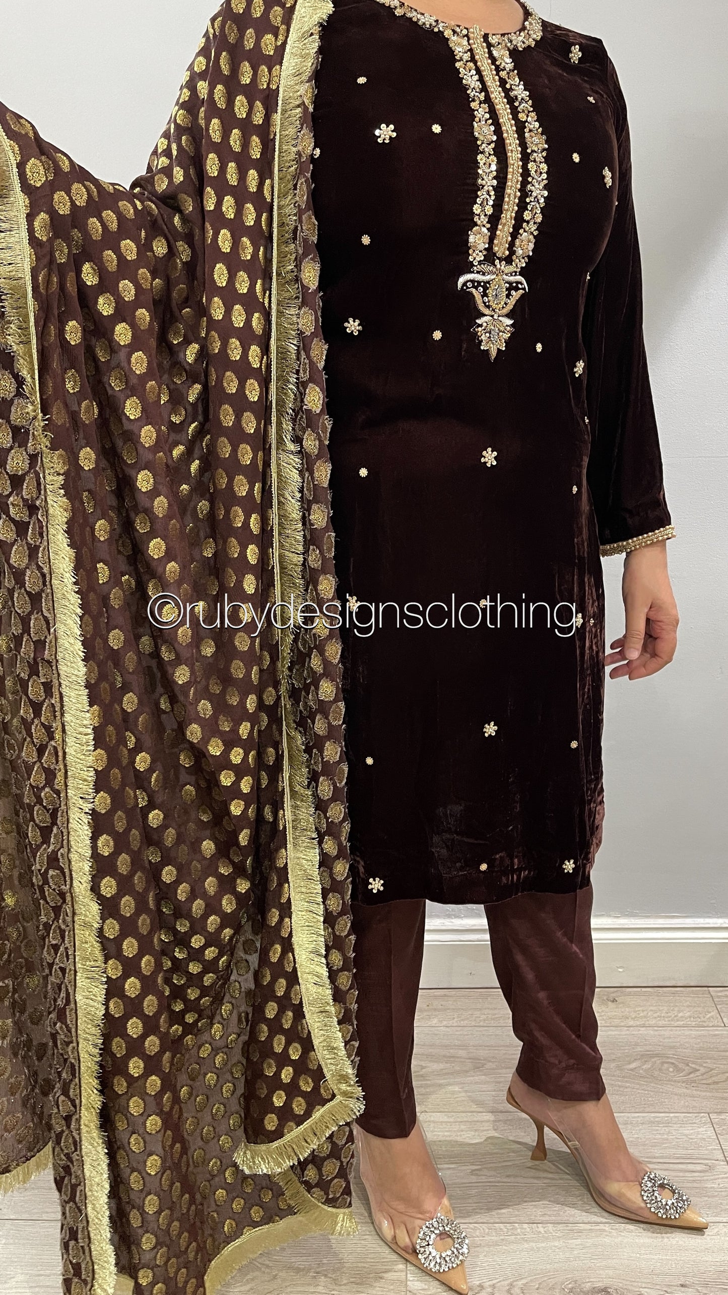 RAIYA - 3 Piece Brown Velvet Suit with Jamawar Chiffon Dupatta (7954033672405)