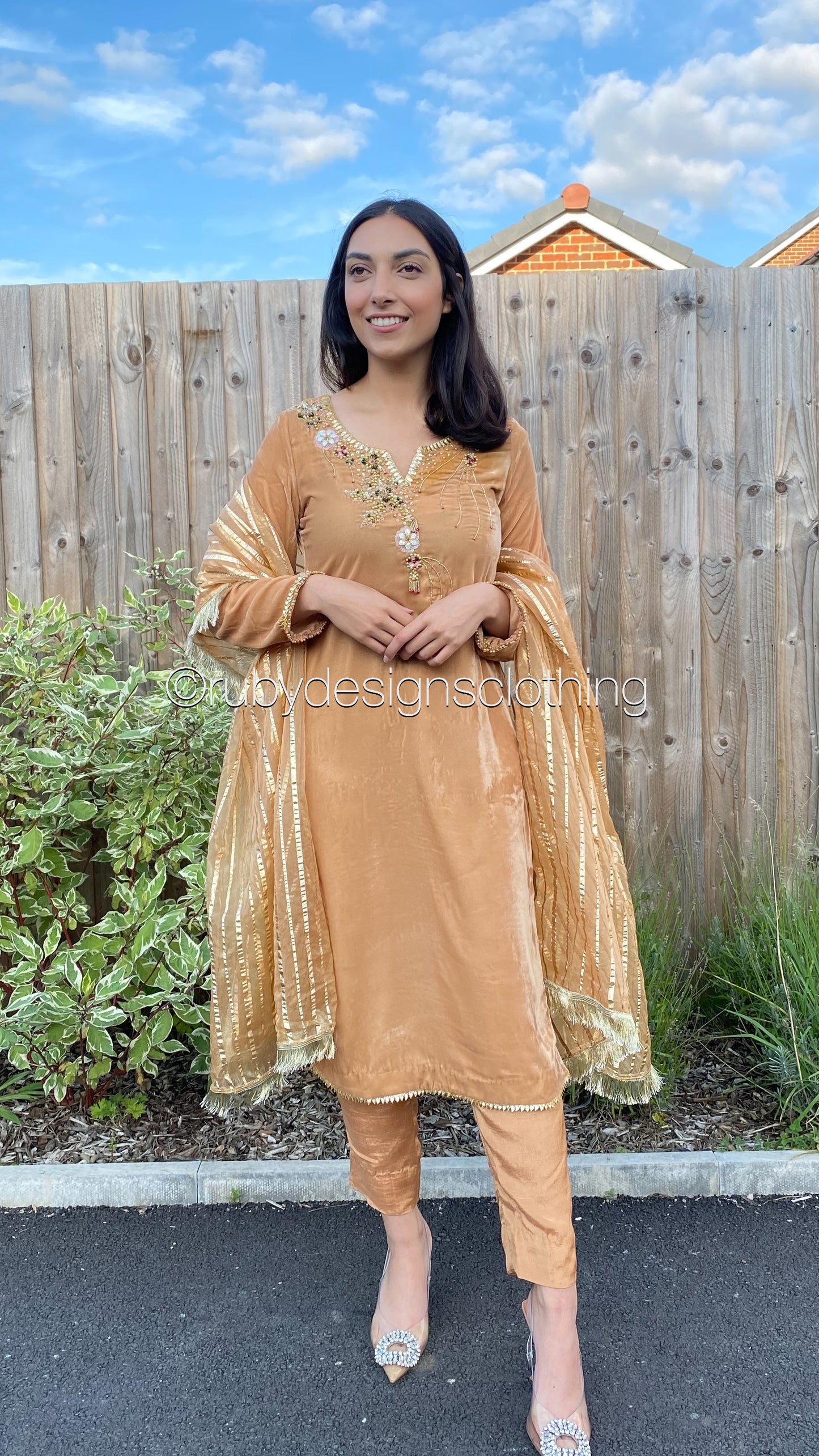 SALAHA - 3 Piece Light Orange Velvet Suit with Organza Dupatta (7959976804565)