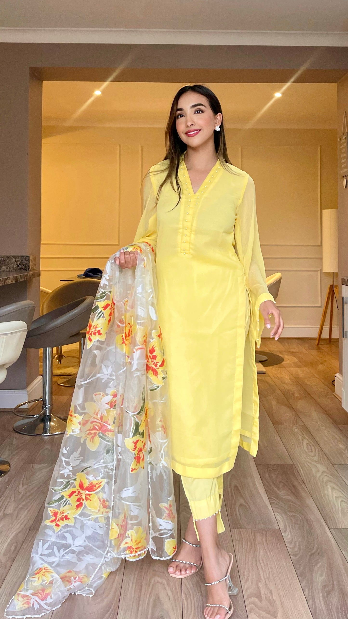 ARIA Lemon - 3 Piece Chiffon Suit with Floral Print Organza Dupatta (7801241305301)
