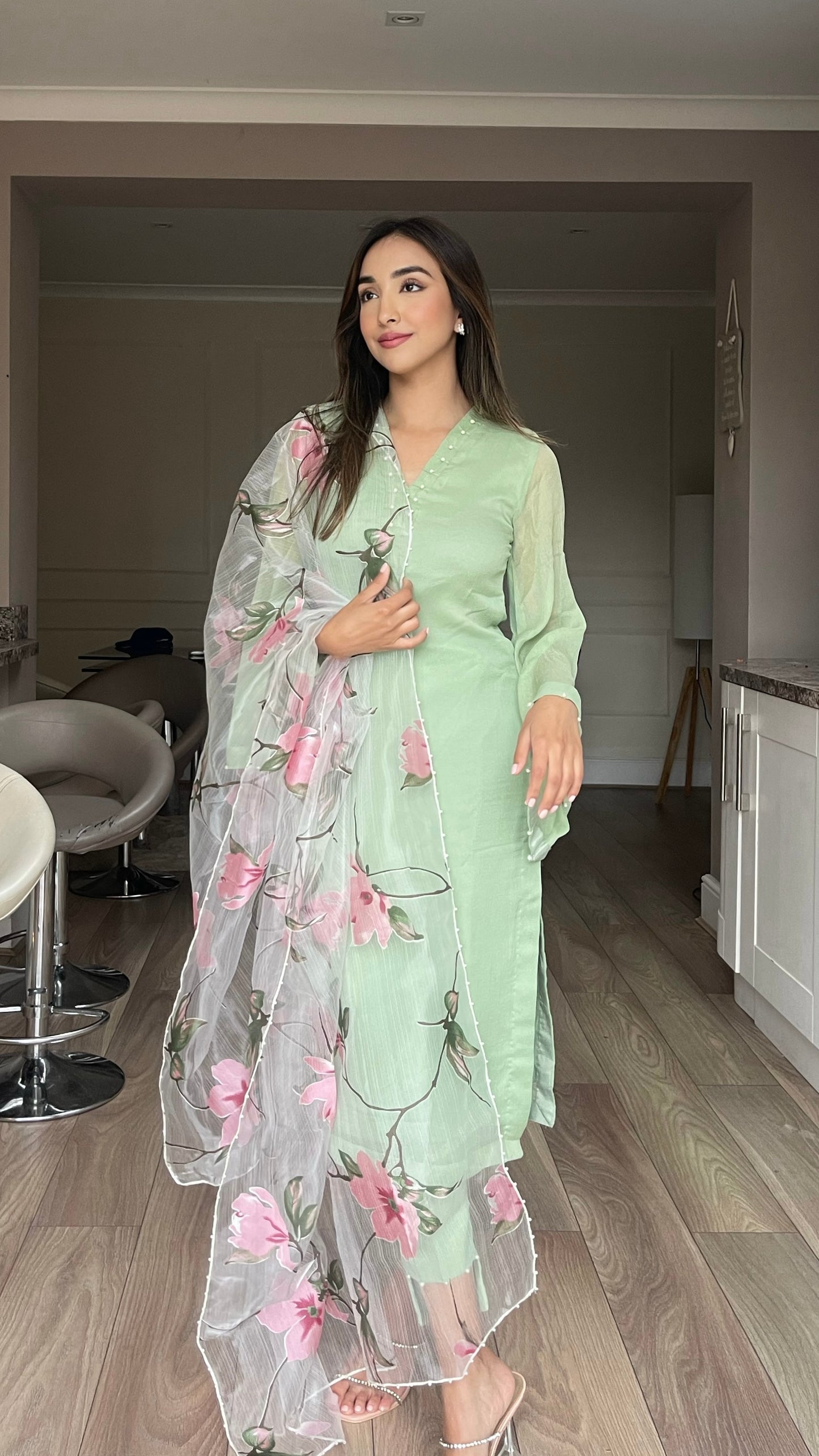 ARIA Sage - 3 Piece Chiffon Suit with Floral Print Organza Dupatta