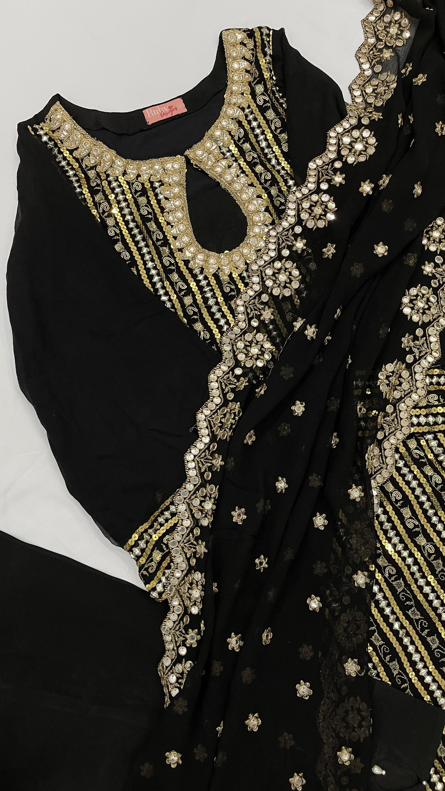 MAHAM - Black and Gold Luxury 3 Piece Chikankari Chiffon Trouser Suit with Pure Chiffon Dupatta (7753693987029)