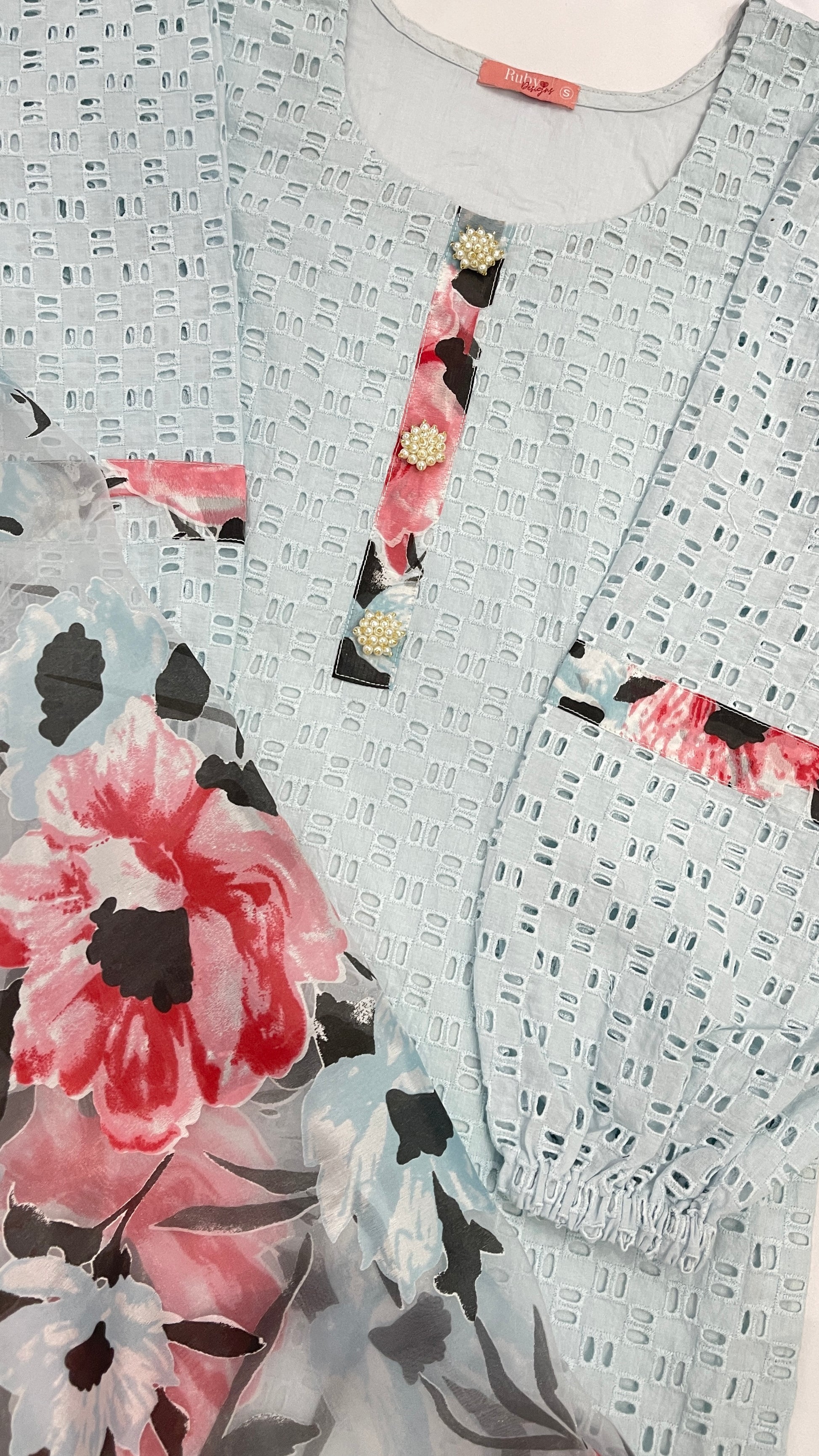 MAHA - 3 Piece Blue Chikankari Suit with Tulip Trousers and Floral Organza Dupatta (7762930761941)