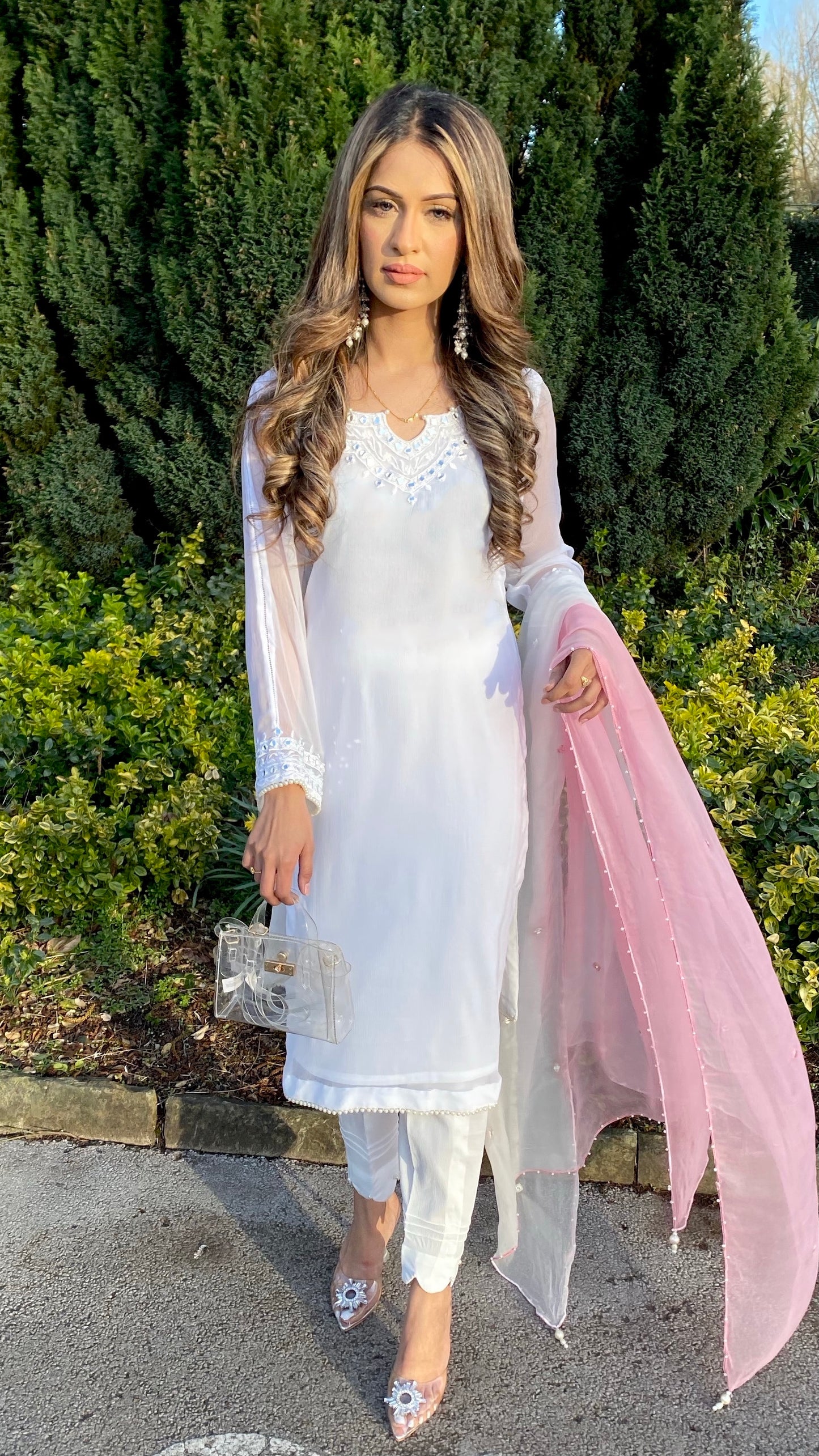 IRAM Pink - White 3 Piece Chiffon Suit with Mirror Details (7669104410837)