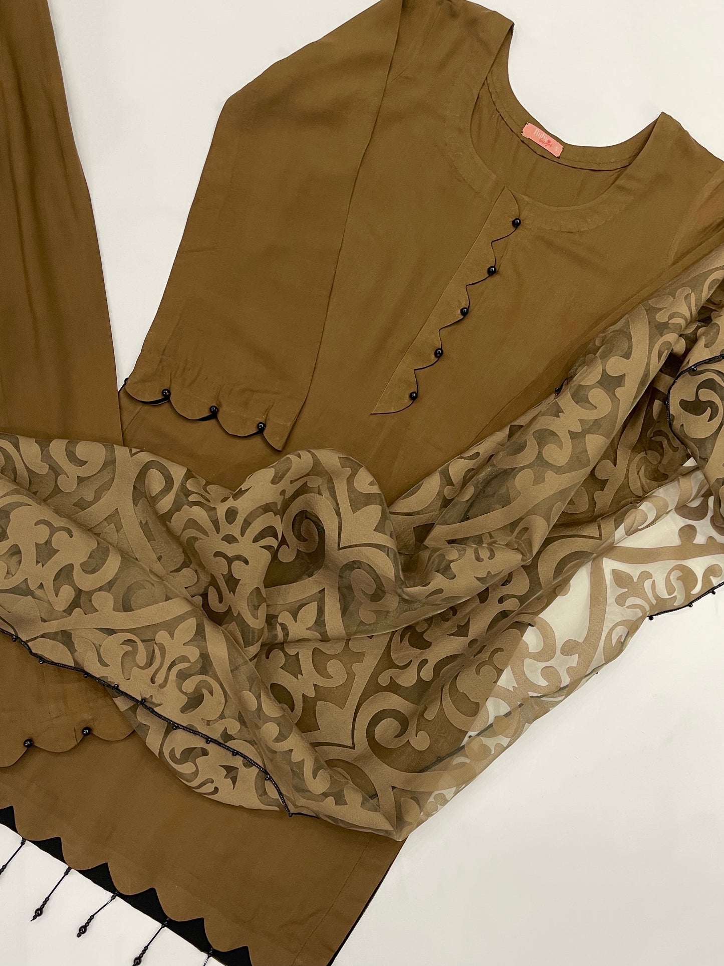 HIBAH - 3 Piece Brown Linen Suit with Printed Organza Dupatta (7472416882901)