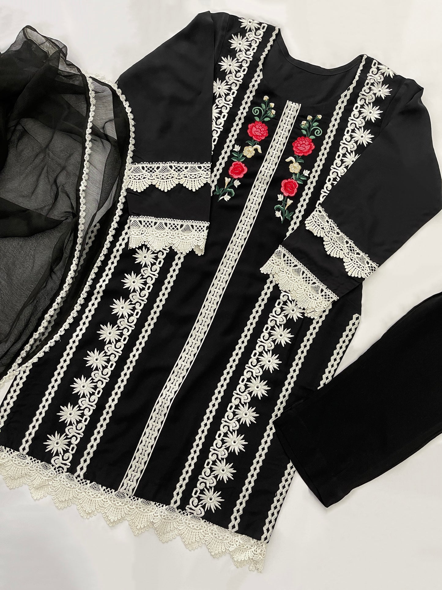 TAHERA - 3 Piece Black Linen Suit with White Lace and Embroidery