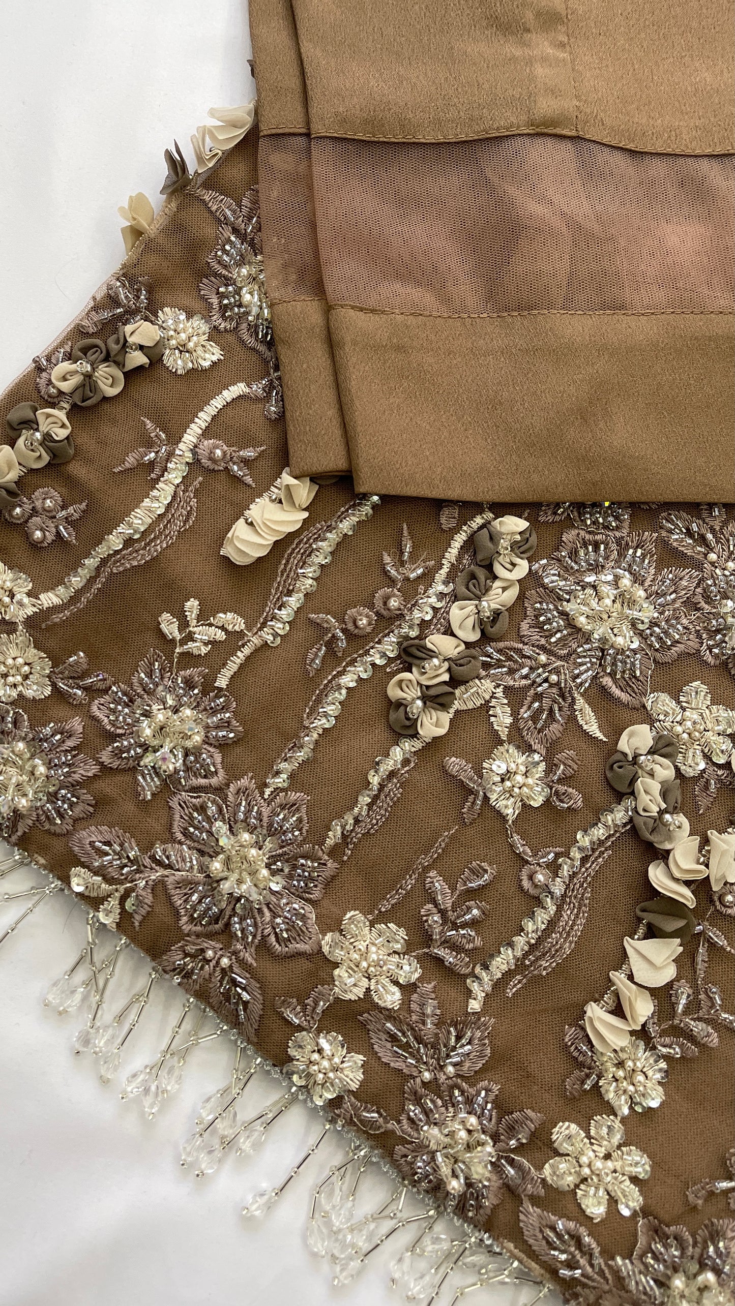 FATIMA Brown - 3 Piece Heavy Embroidered Net Suit with 3D Detail (7616470352085)