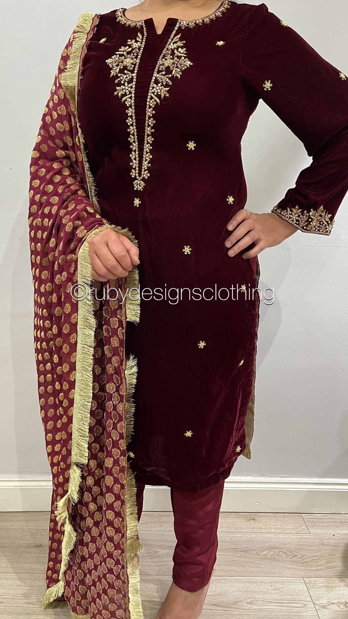 HOORIA - 3 Piece Maroon Velvet Suit with Jamawar Chiffon Dupatta (7960240947413)