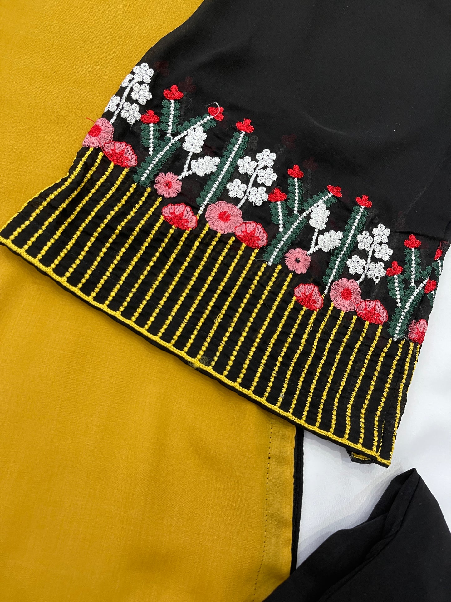 HANIA - 3 Piece Mustard and Black Linen Suit with Black Net Dupatta (7438132248789) (8747892605141)