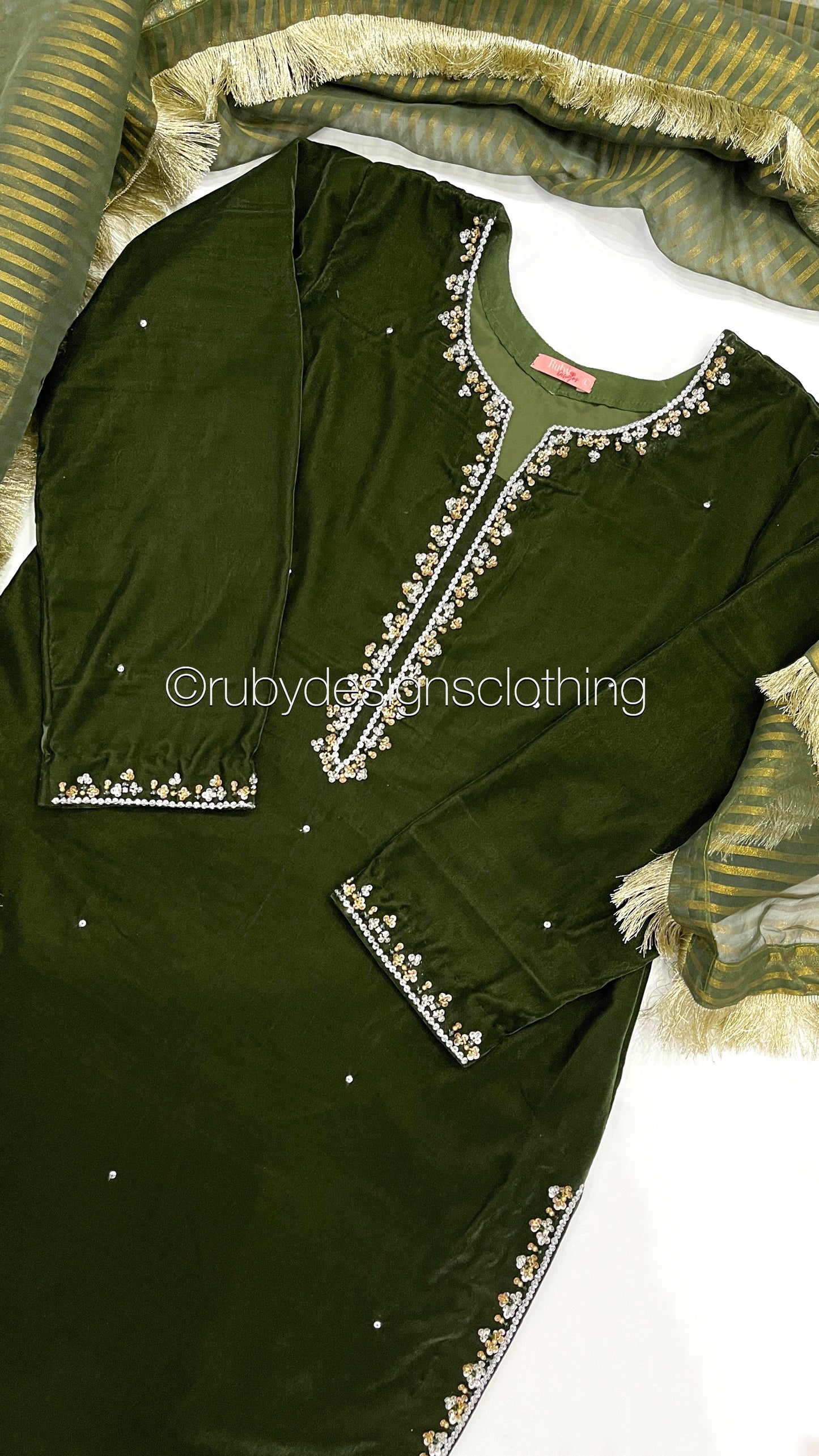 AMARA - 3 Piece Dark Green Velvet Suit with Organza Dupatta (7953754980565) (8747999527125)