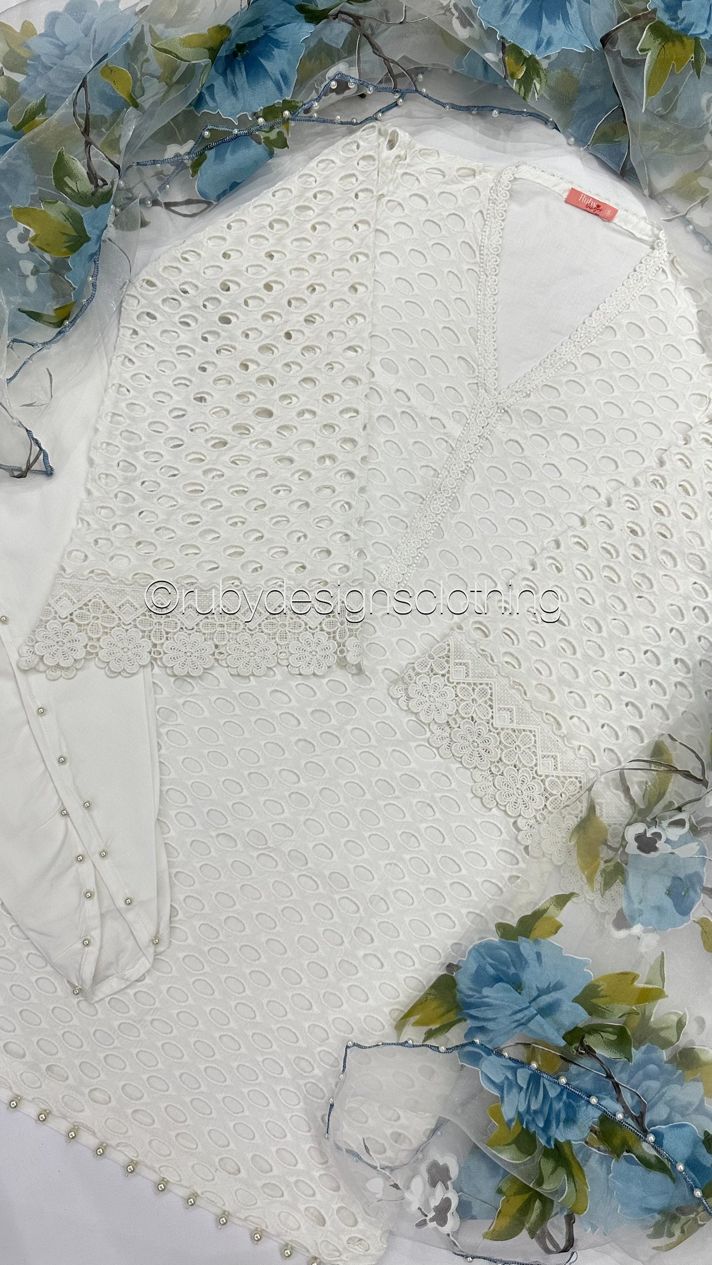 AZINA - 3 Piece White Chikankari Suit with Floral Print Organza Dupatta (8022267691221) (8747890376917)