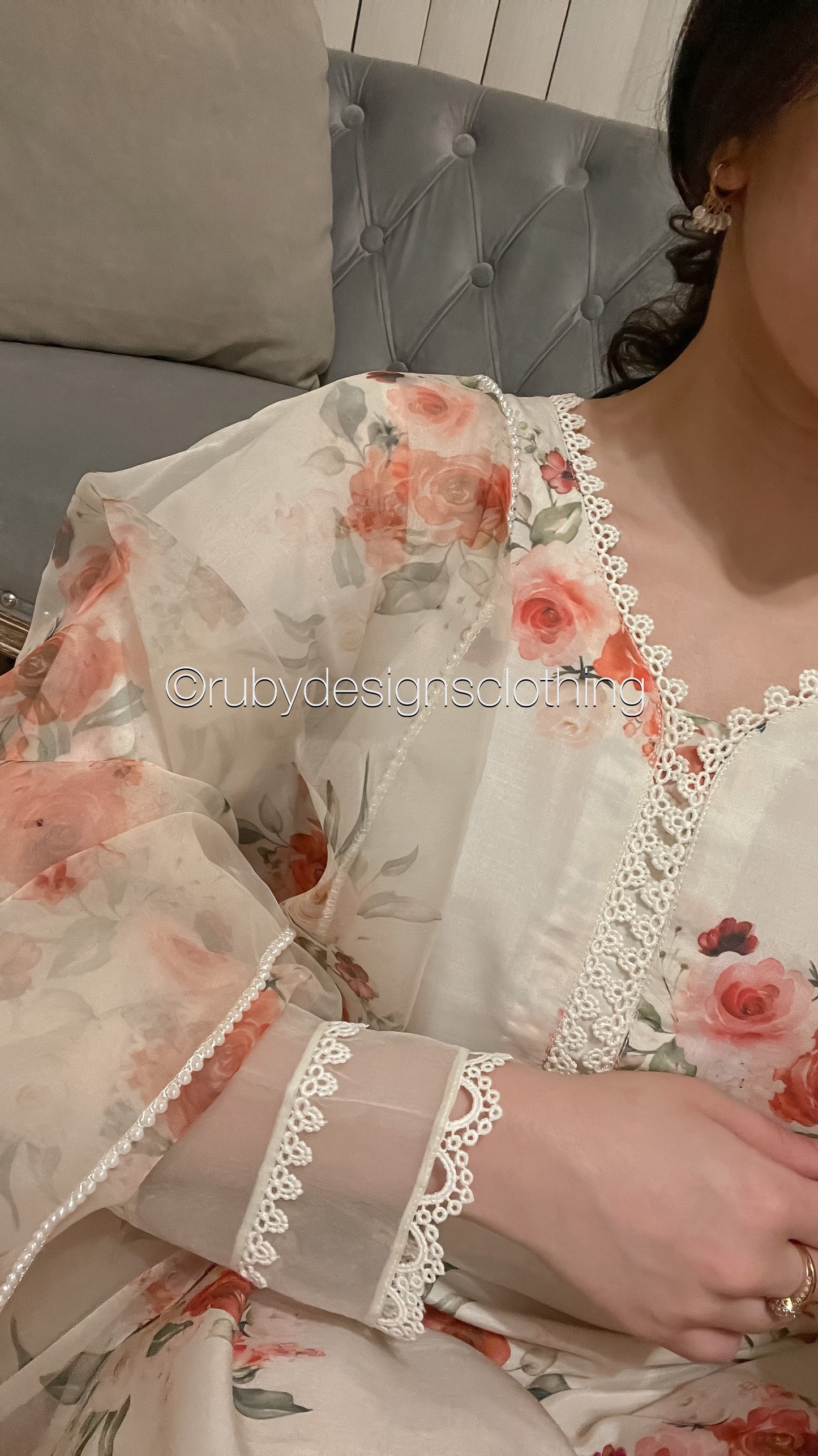 YUSRA - 3 Piece Cream Floral Print Swiss Lawn Suit with Organza Dupatta (8022979281109)