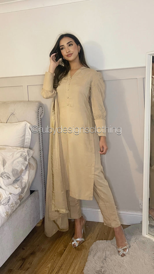 HANA Beige - 3 Piece Linen Suit with CHIFFON Dupatta (7454318592213)