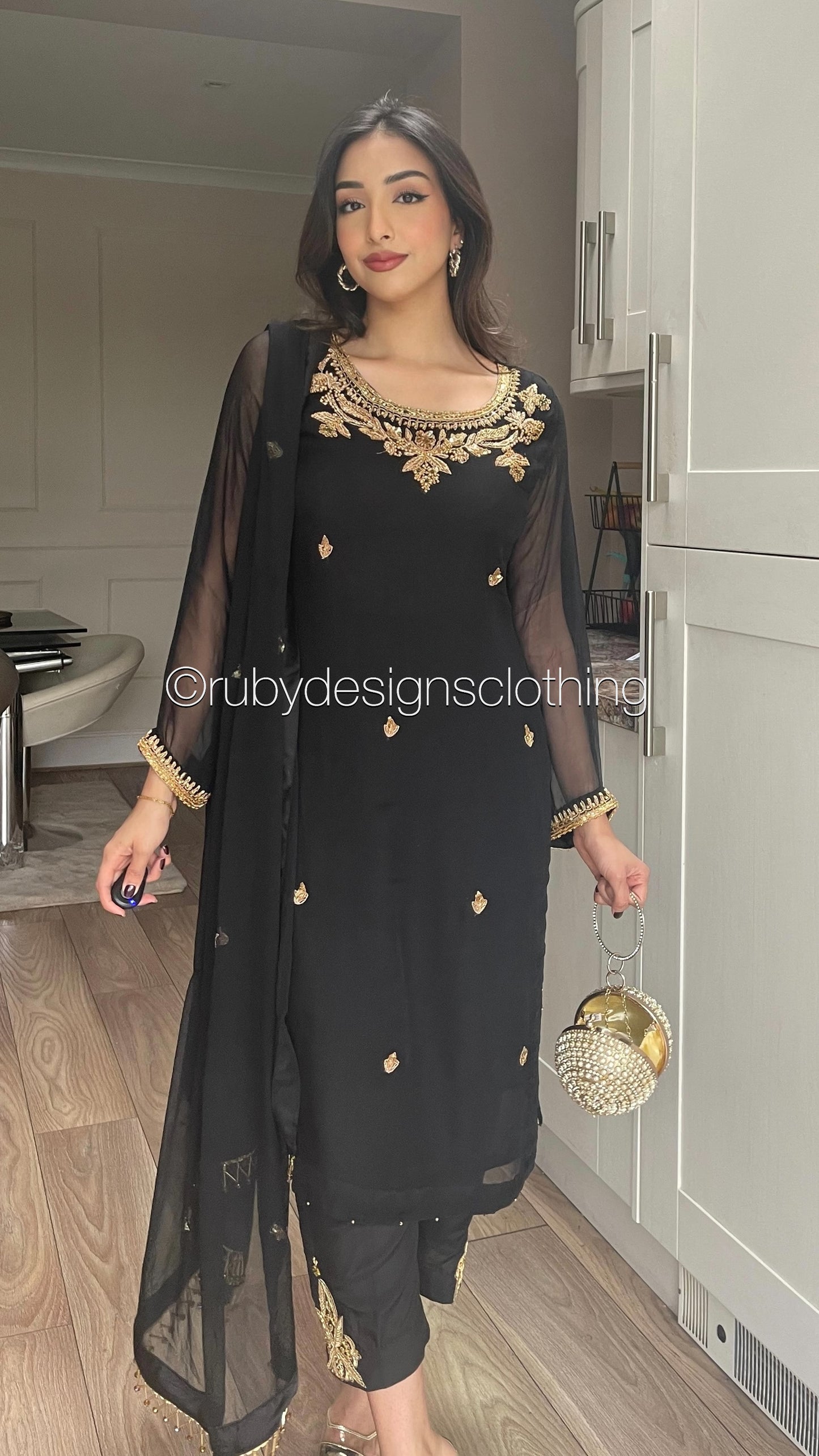 AMBREEN Black - 4 Piece Chiffon Suit with Gold Handwork (8012564922581)