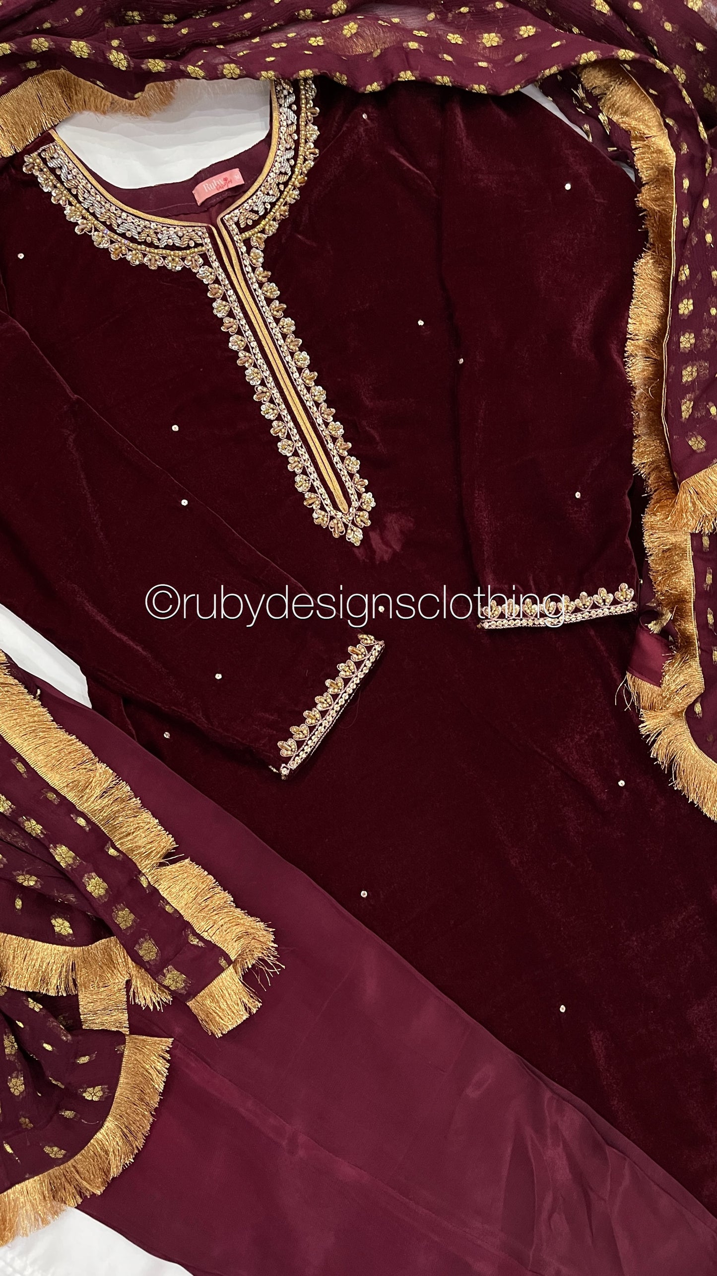 HAFSA - 3 Piece Maroon Velvet Suit with Jamawar Chiffon Dupatta (7953755570389)