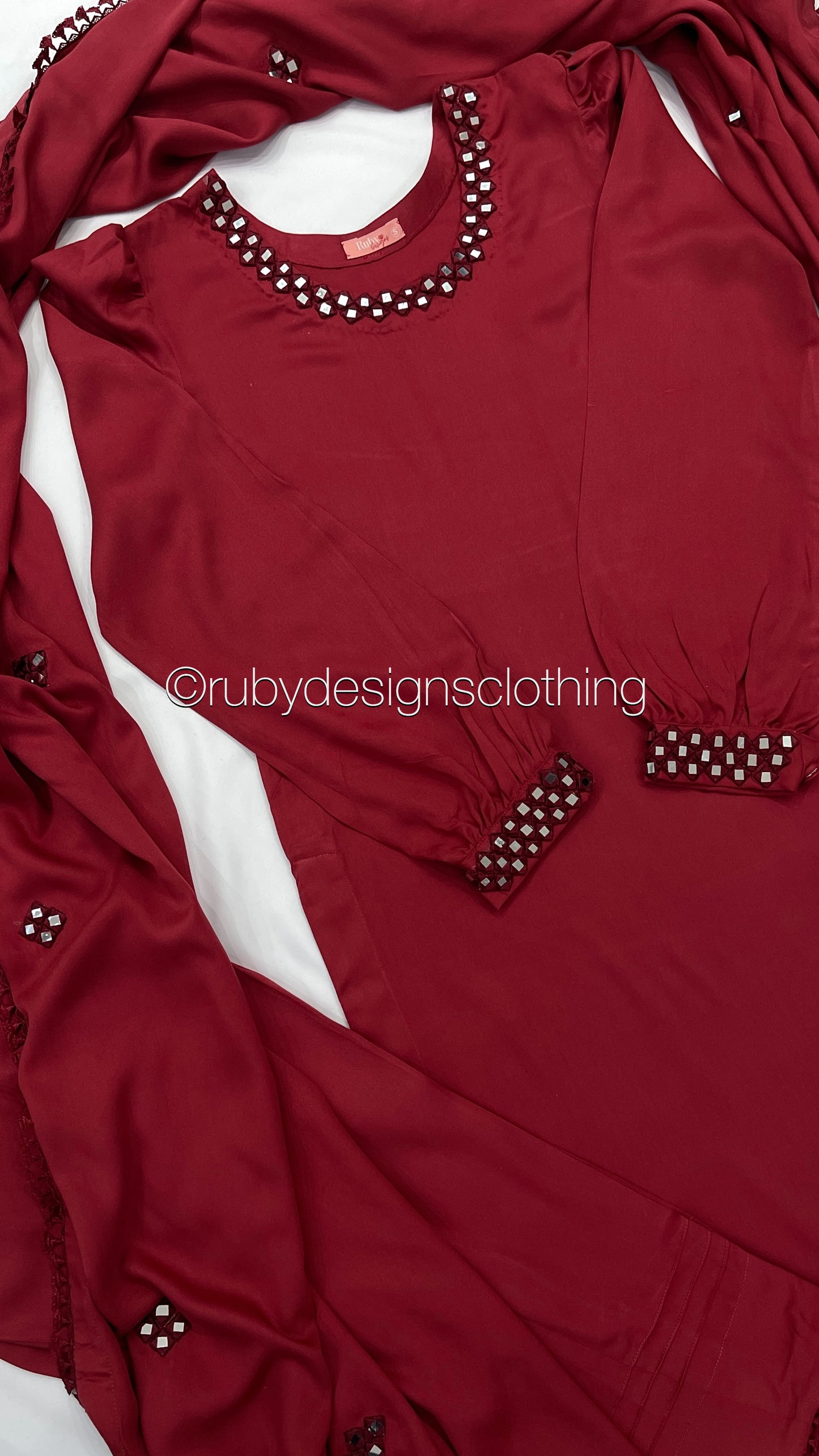 WARDA - 3 Piece Marina Deep Red Suit with Mirror Work and Shawl (7934798037205)