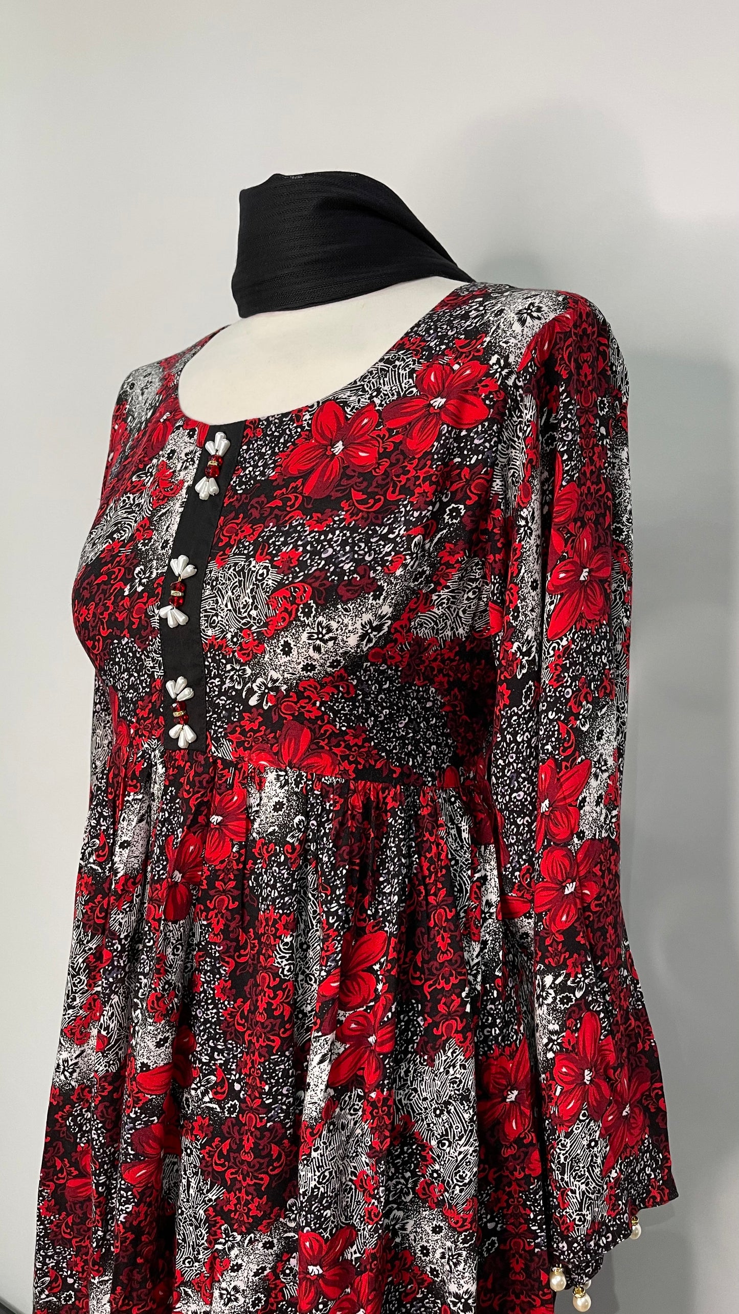 3 Piece Linen Red and White Floral Print Dress (6577922048184)