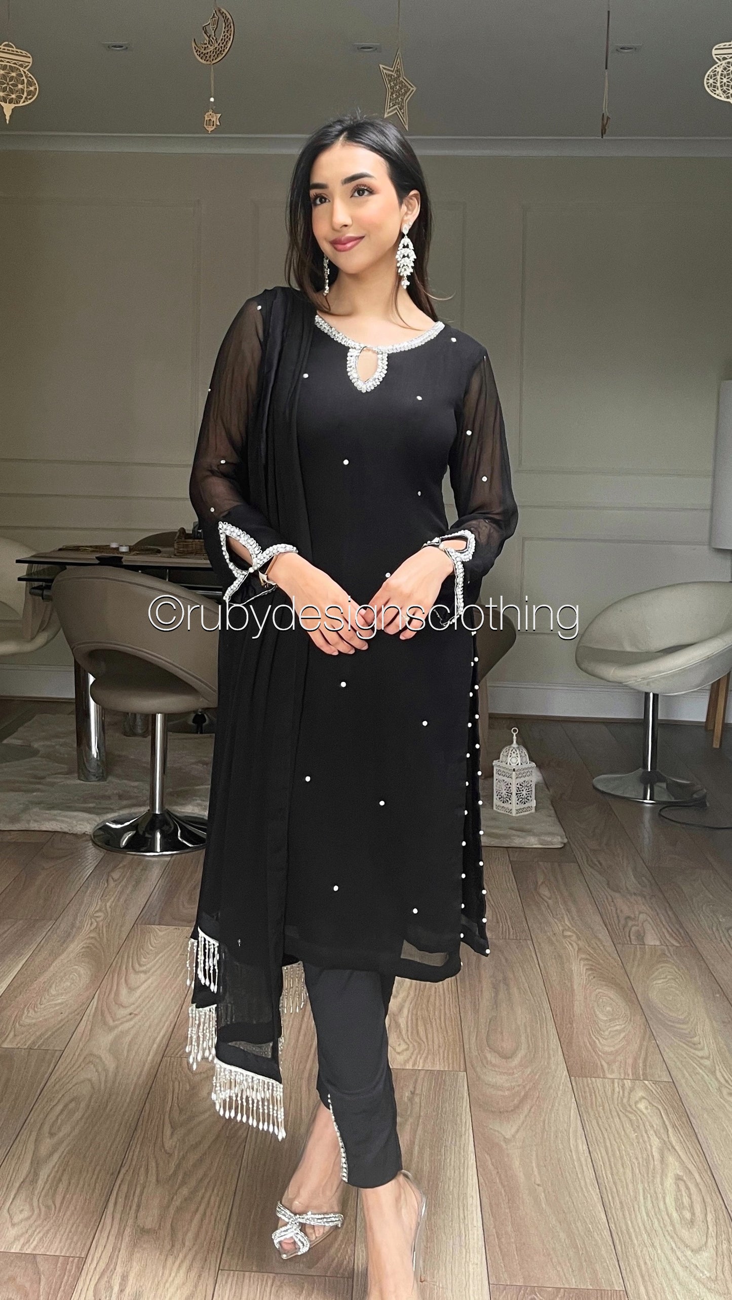 HAYA Black - 3 Piece Chiffon Suit with Hand Embellished Neckline (8026562298069)
