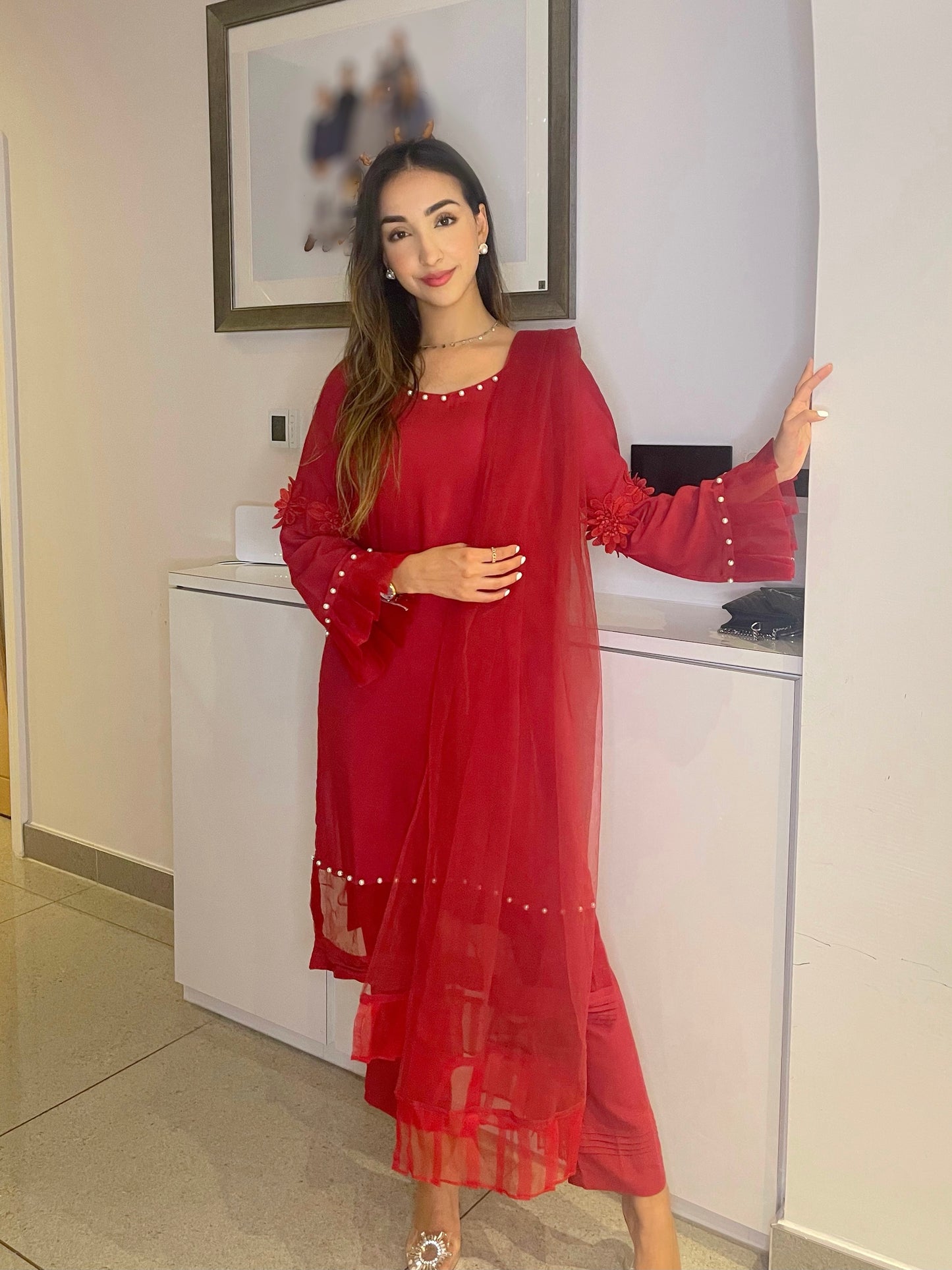 SABRINA - 3 Piece Deep Red Linen Suit with Pearl Details and 3D Flowers