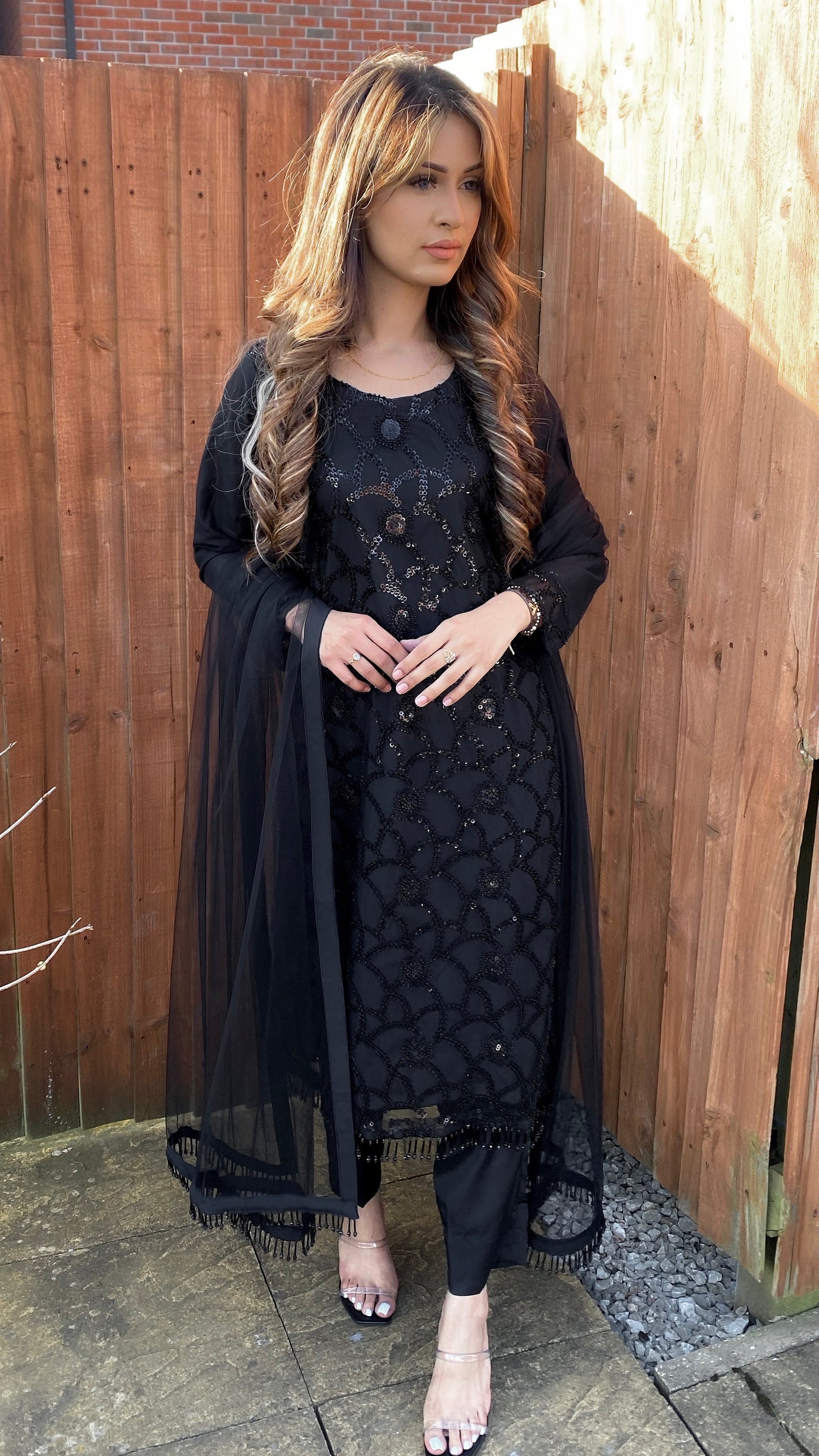 LANAH - Jet Black 3 Piece Embroidered Net Suit with Net Dupatta (7655498940629)