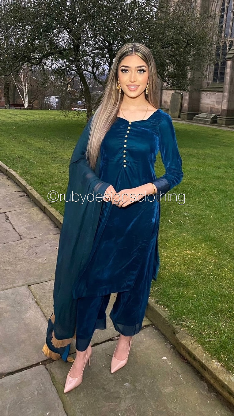 SHARIYA - 3 Piece Blue Velvet Suit with Chiffon Dupatta