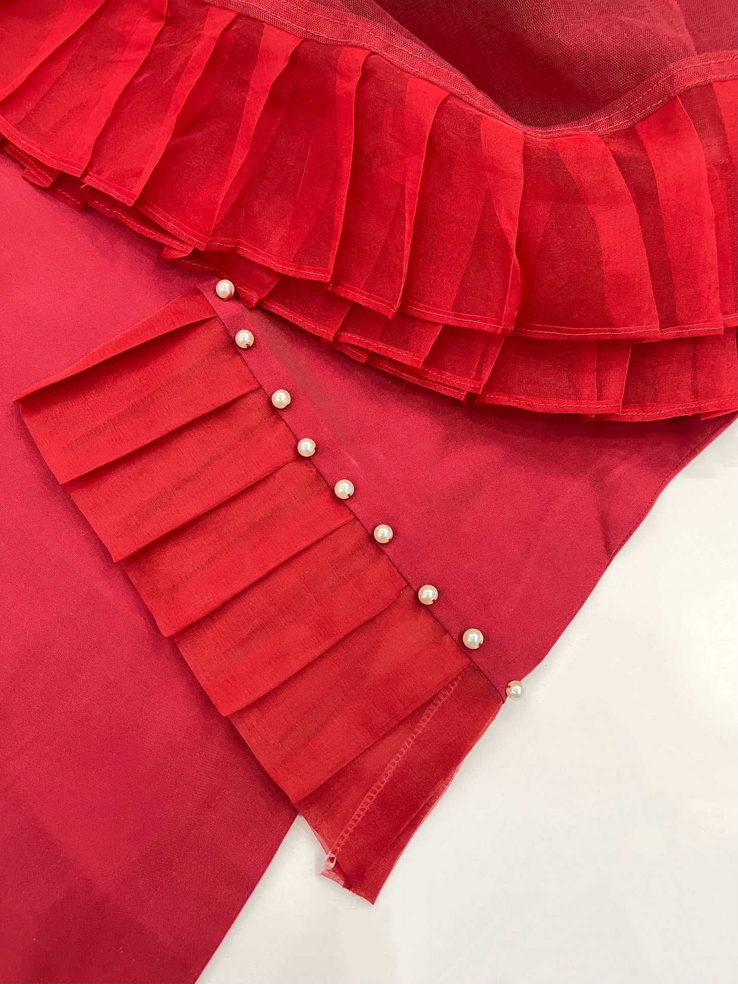 SABRINA - 3 Piece Deep Red Linen Suit with Pearl Details and 3D Flowers