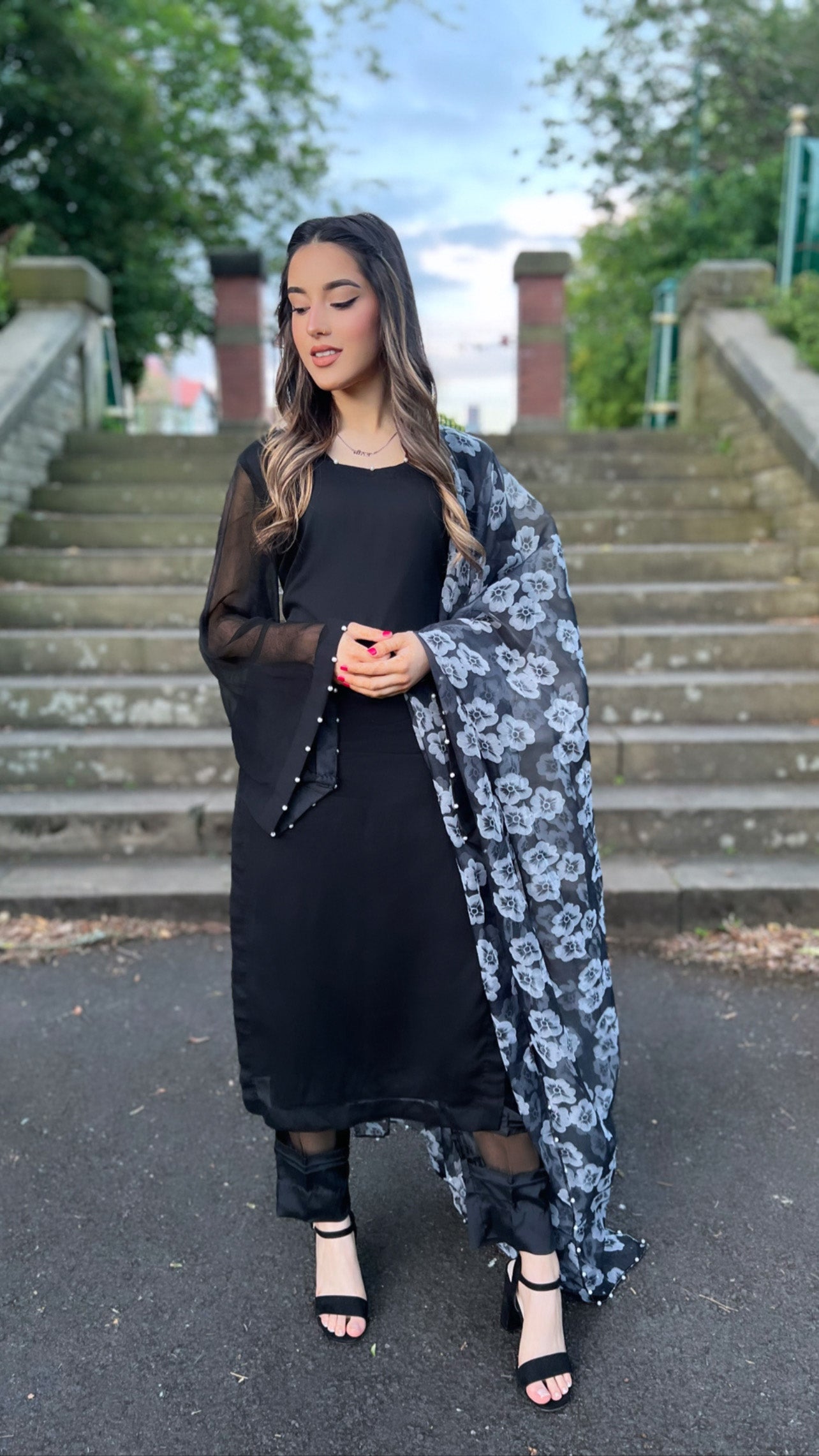 KAJAL - 3 Piece Black Chiffon Suit with Pearls Details (6929254154424)