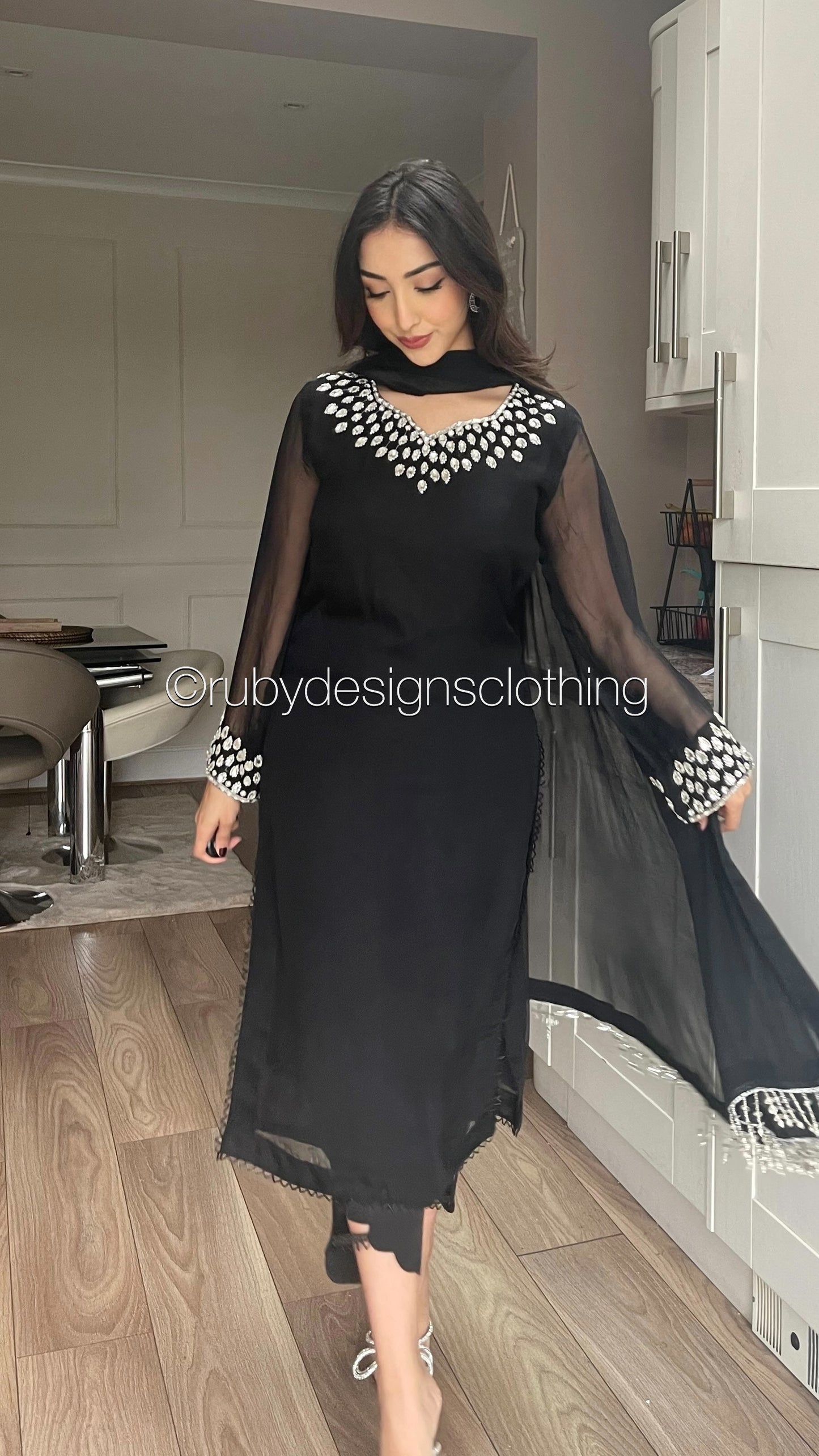 ARWA - 3 Piece Black Chiffon Suit with Chiffon Dupatta (8020991574229)