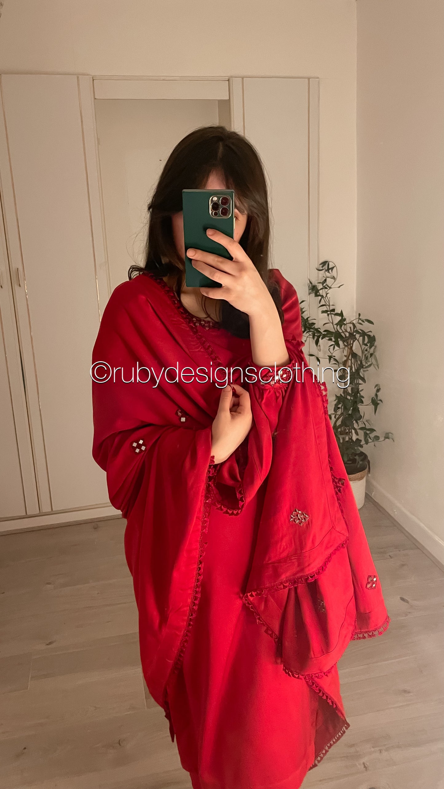 WARDA - 3 Piece Marina Deep Red Suit with Mirror Work and Shawl