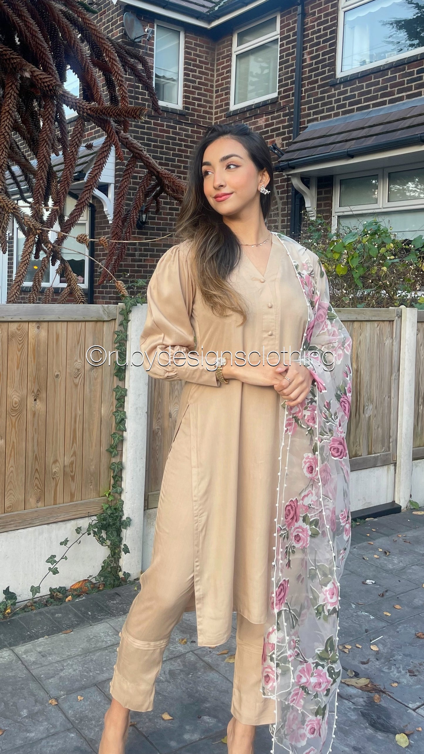 HANA Beige - 3 Piece Linen Suit with ORGANZA Dupatta (7905762869461)