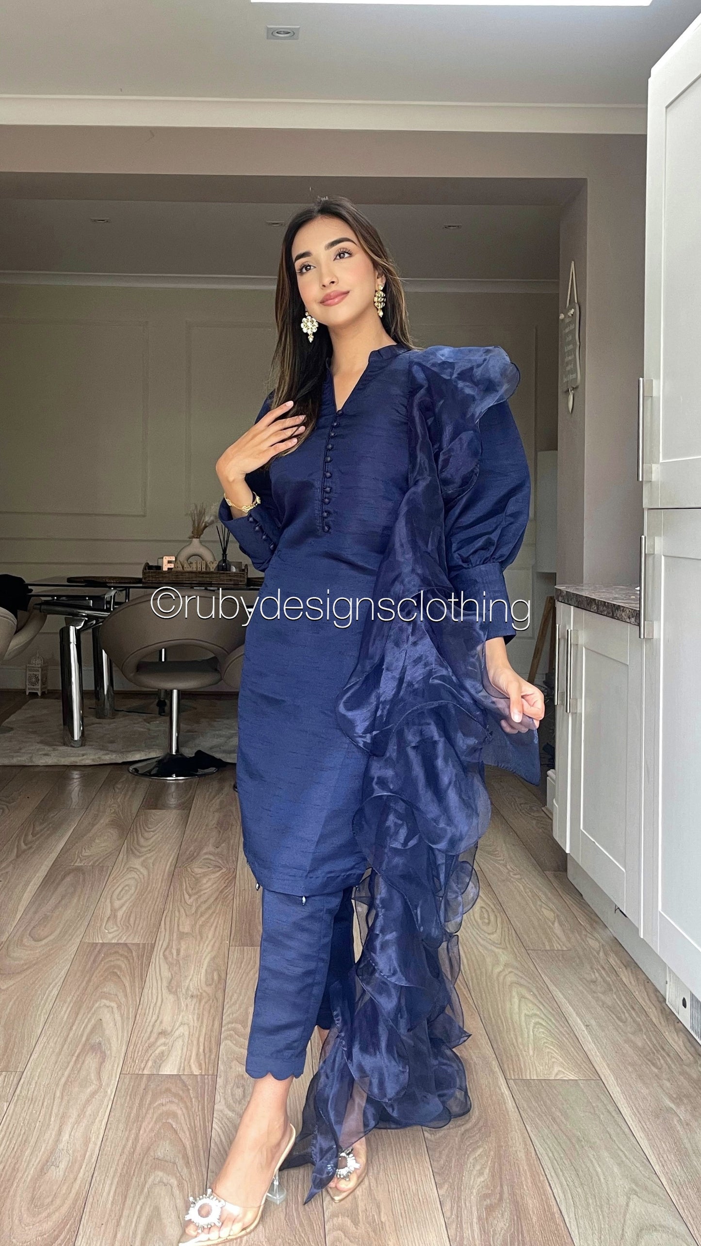 ZAARA Navy - 3 Piece Raw Silk Suit with Organza Ruffle Dupatta (7804046704853)