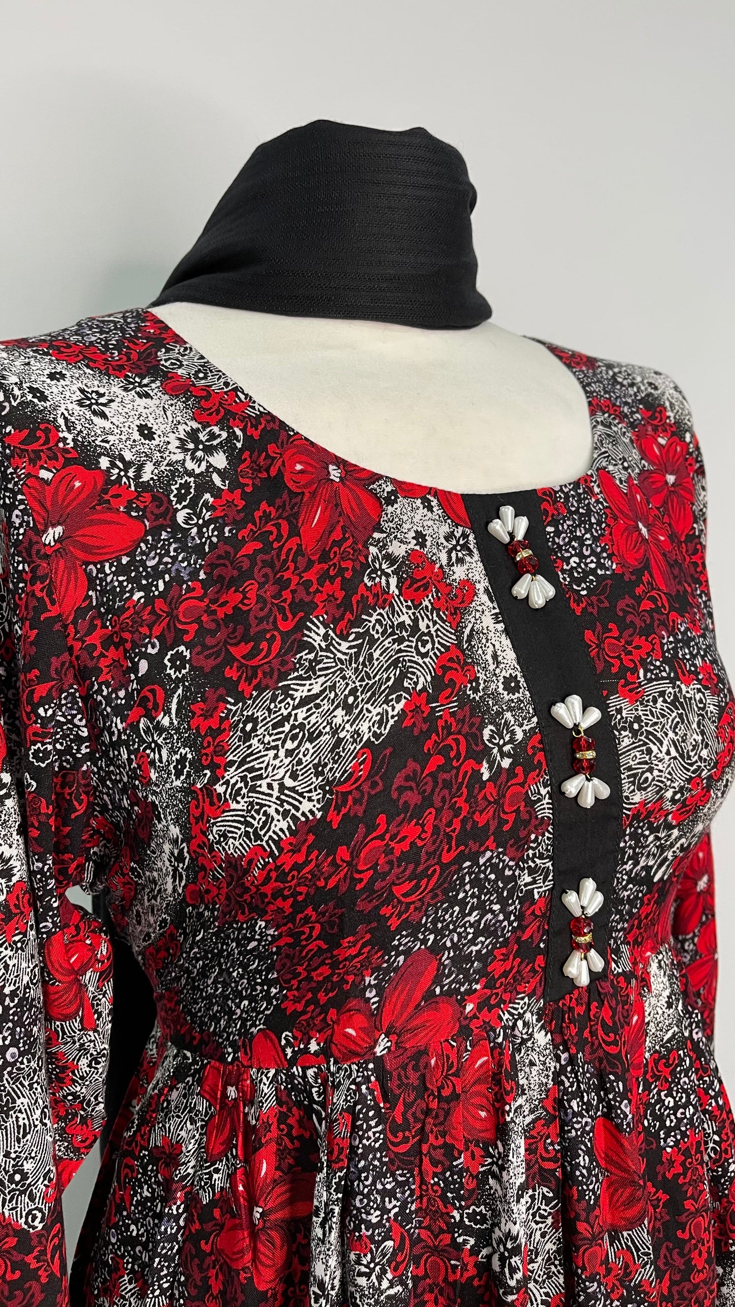 3 Piece Linen Red and White Floral Print Dress (6577922048184)