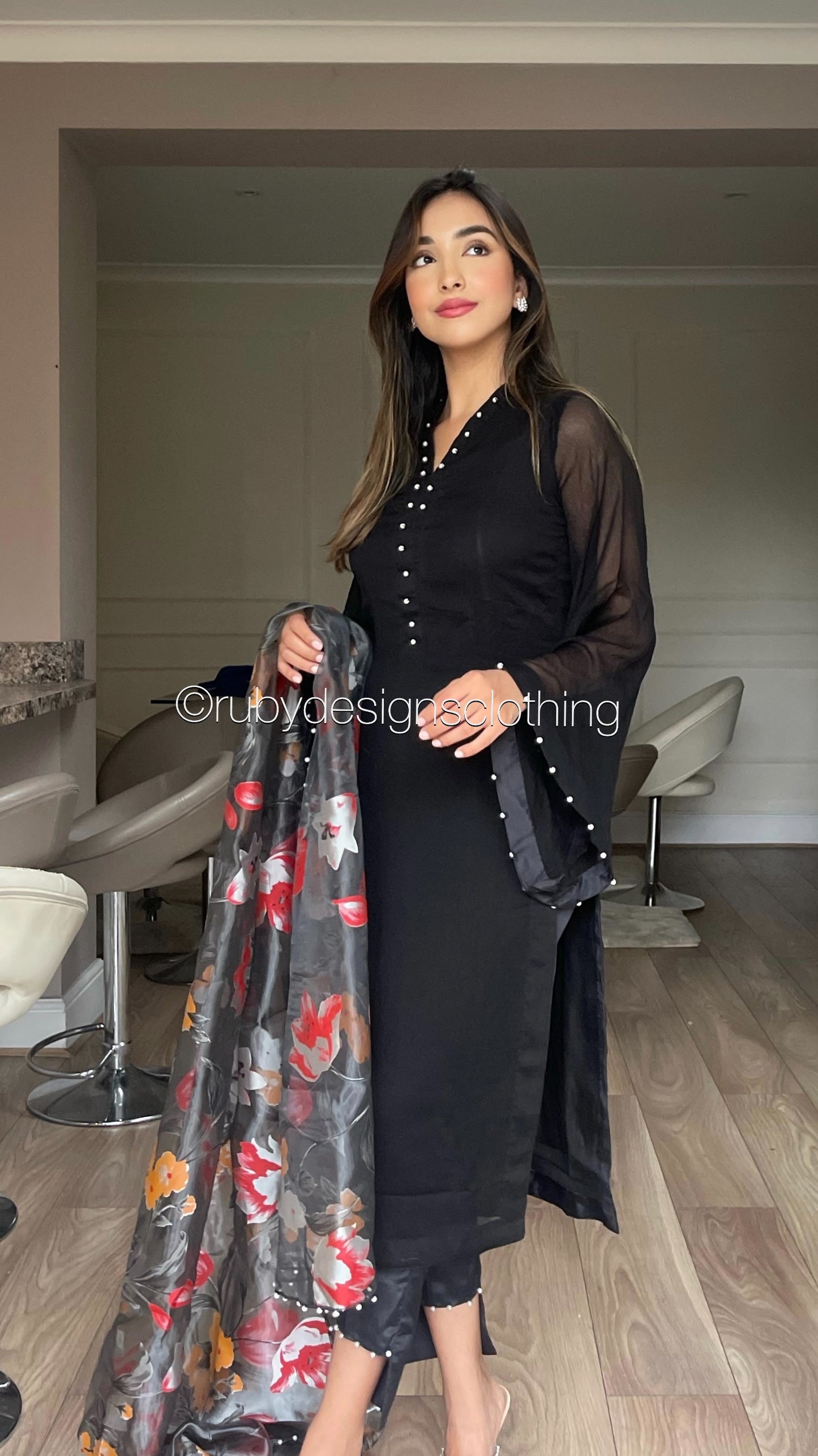 ARIA Black - 3 Piece Chiffon Suit with Floral Print Organza Dupatta