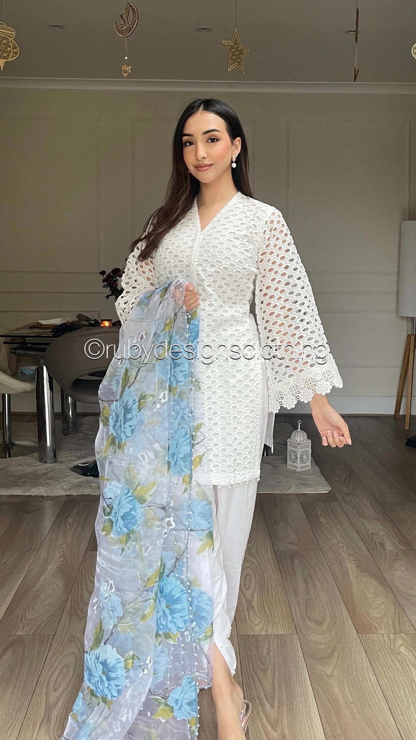 AZINA - 3 Piece White Chikankari Suit with Floral Print Organza Dupatta (8022267691221) (8747890376917)