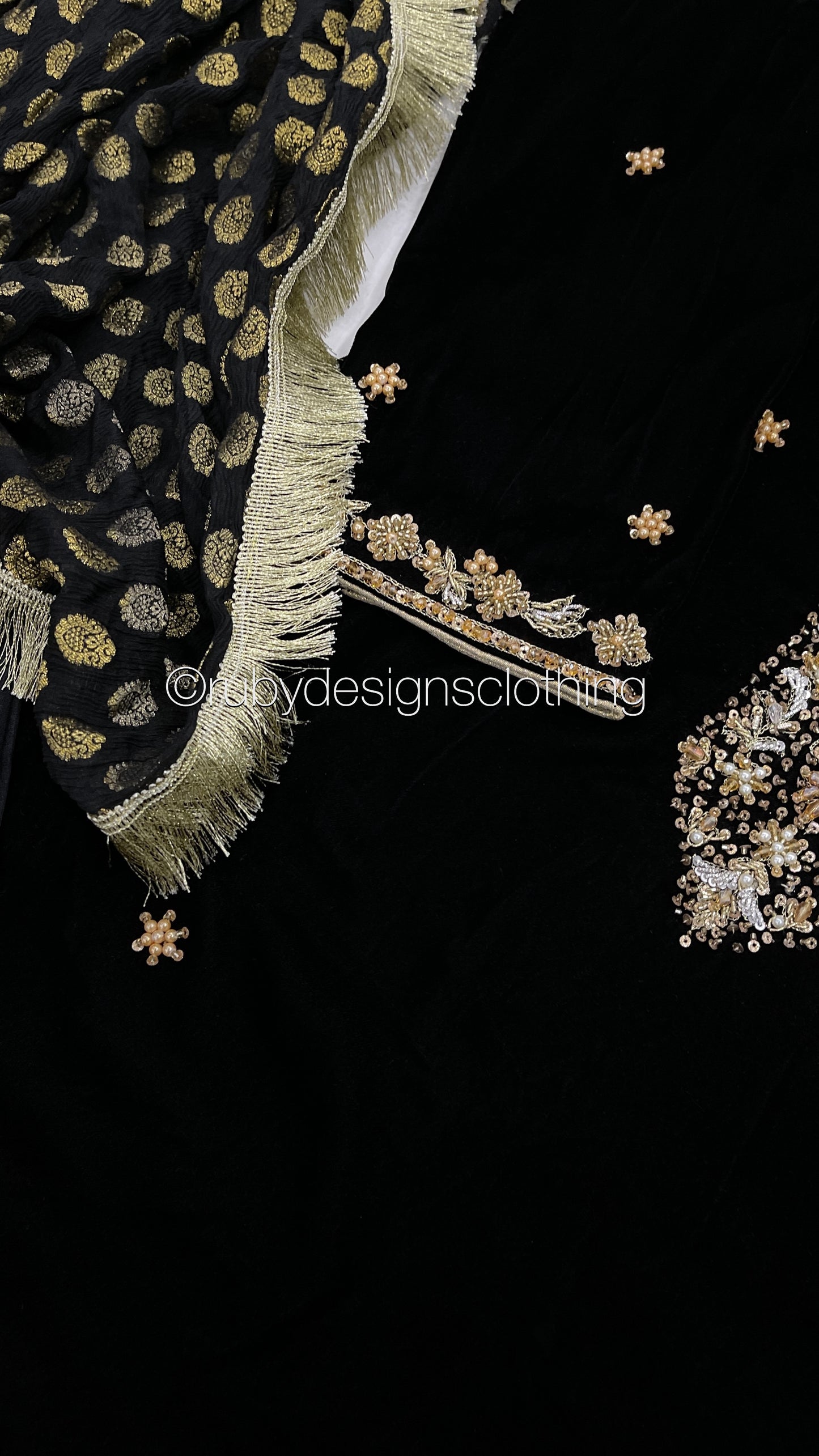 SAMINA - 3 Piece Black Velvet Suit with Jamawar Chiffon Dupatta (7960235311317)