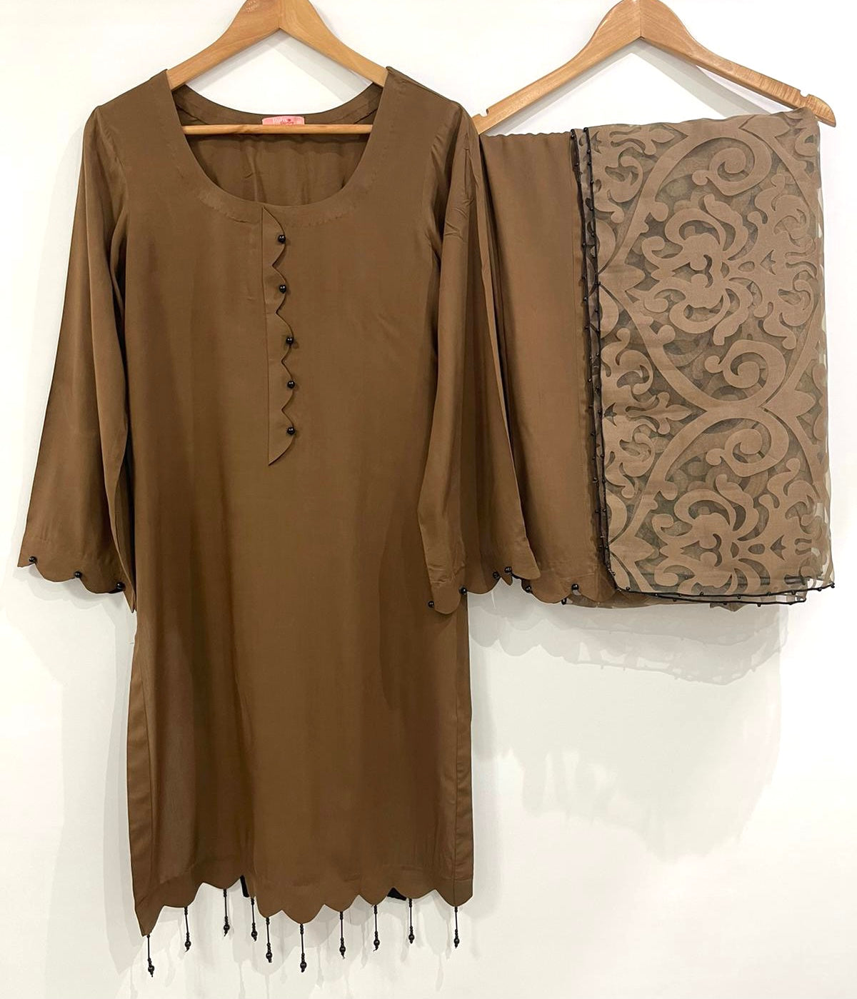 HIBAH - 3 Piece Brown Linen Suit with Printed Organza Dupatta (7472416882901)