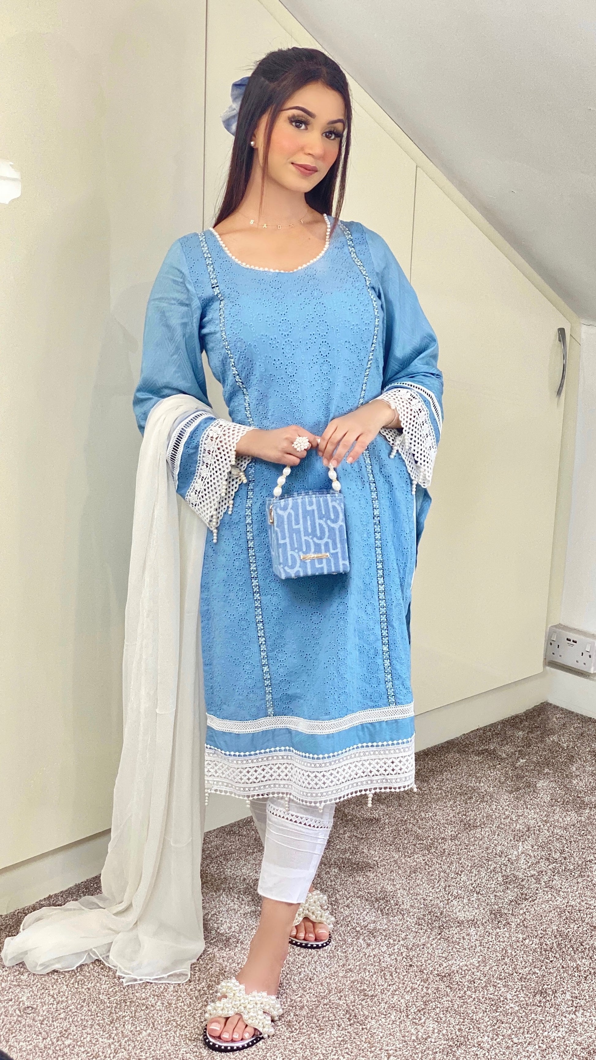 SANIA - 3 Piece Blue Cotton Net Chikankari Suit with Pearl Details (6654638883000)