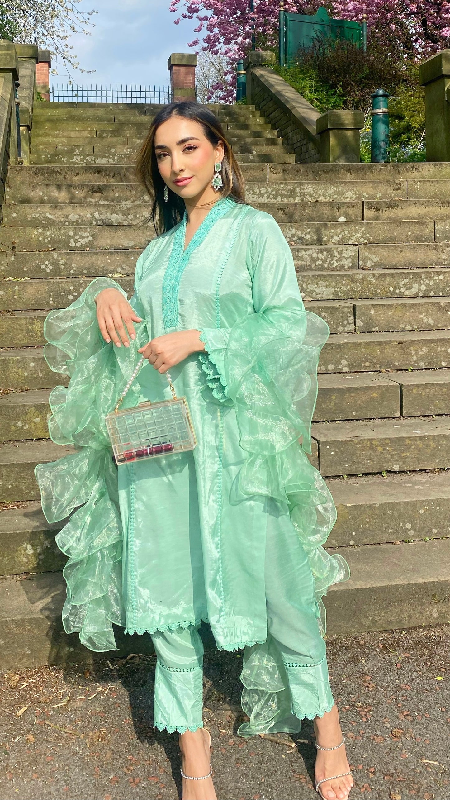JAISHA - Mint Green 4 Piece Cotton Silk Suit with Organza Ruffle Dupatta (7675157577941) (8747932418261)