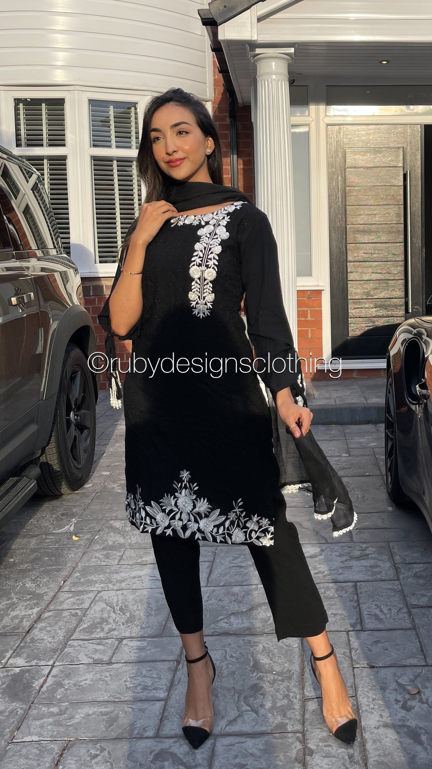 SHIZA Black - 3 Piece Linen Suit with Chiffon Dupatta (7875269099733)