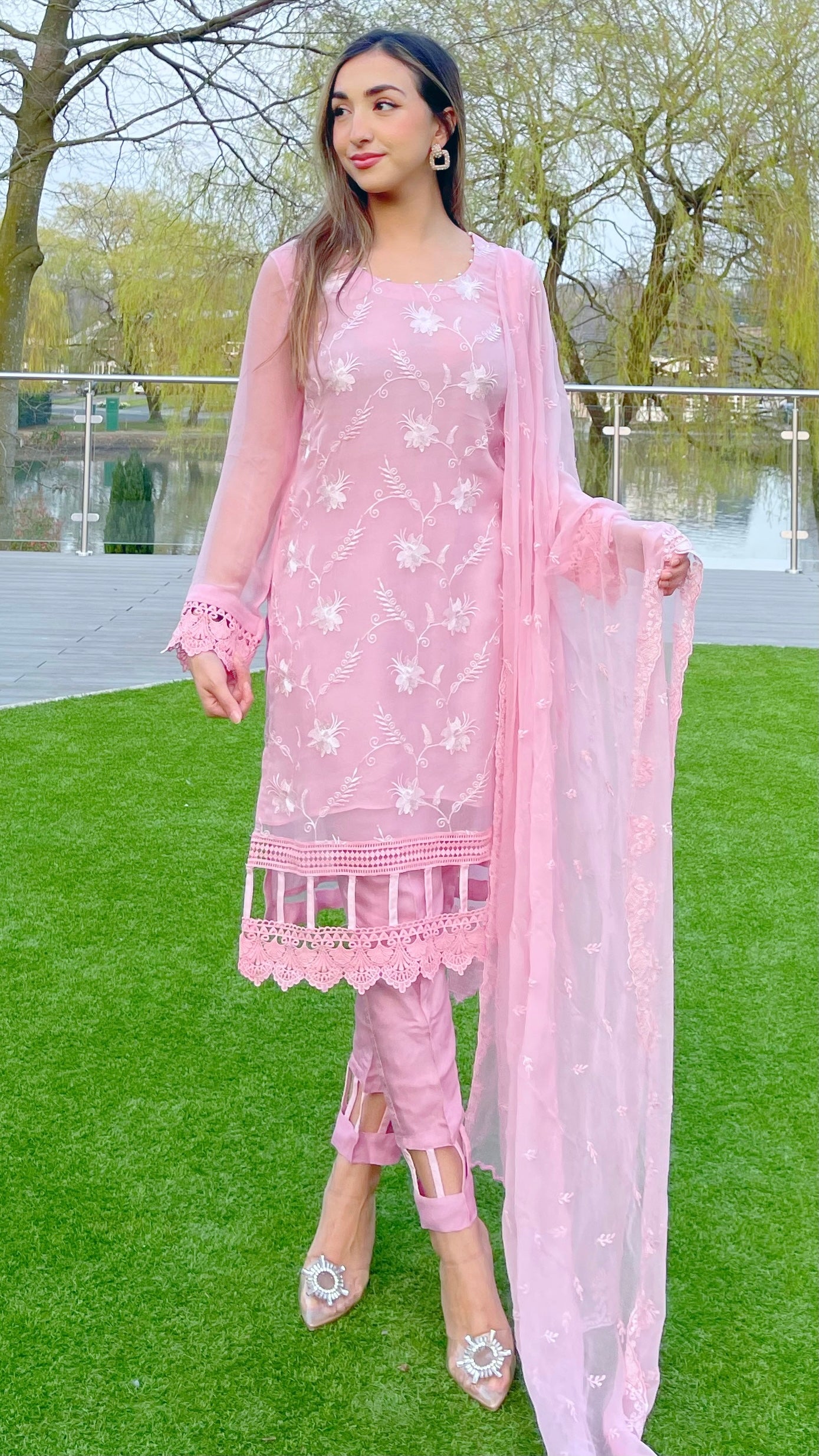 MEHER Pink - 3 Piece Embroidered Chiffon Suit with Cut Out Details (7649359102165)