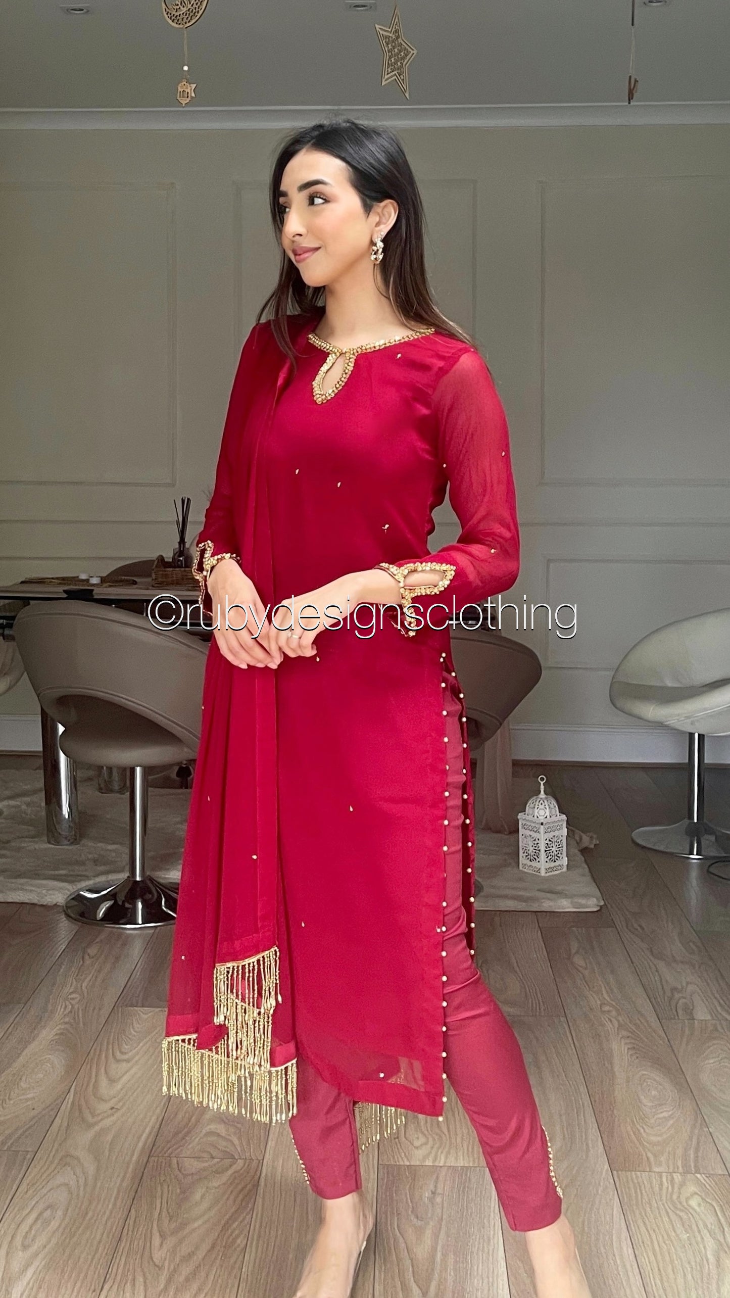 HAYA Maroon - 3 Piece Chiffon Suit with Hand Embellished Neckline (8026579861717)
